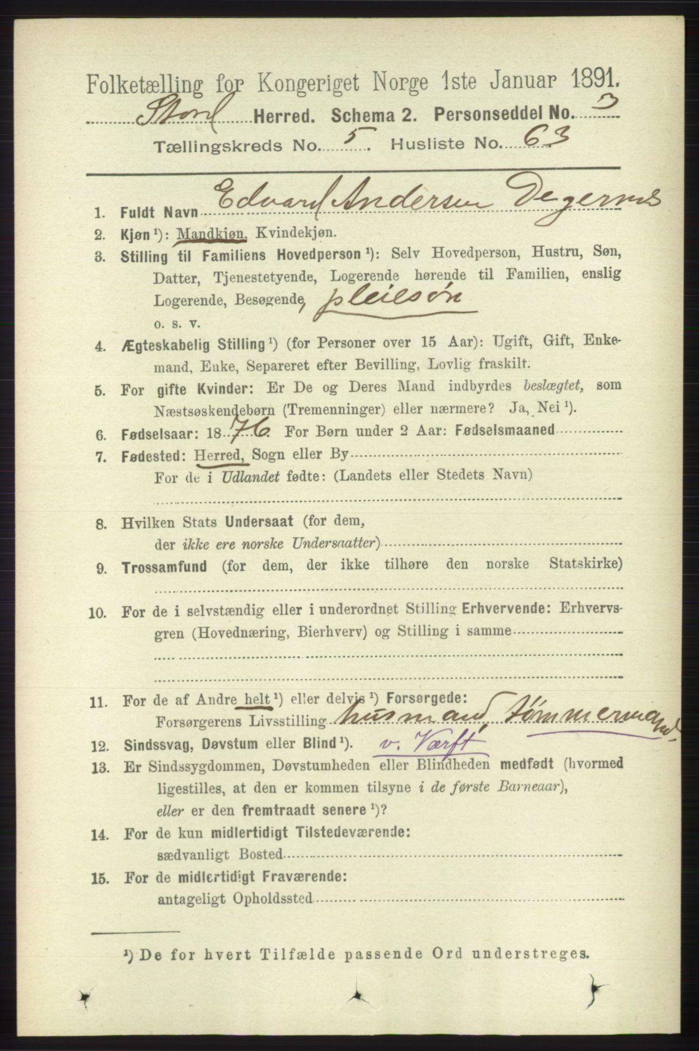 RA, 1891 census for 1221 Stord, 1891, p. 2012