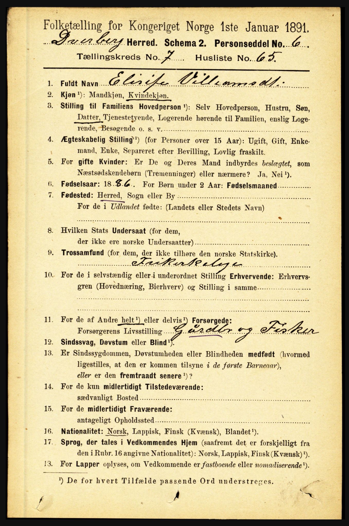 RA, 1891 census for 1872 Dverberg, 1891, p. 3042