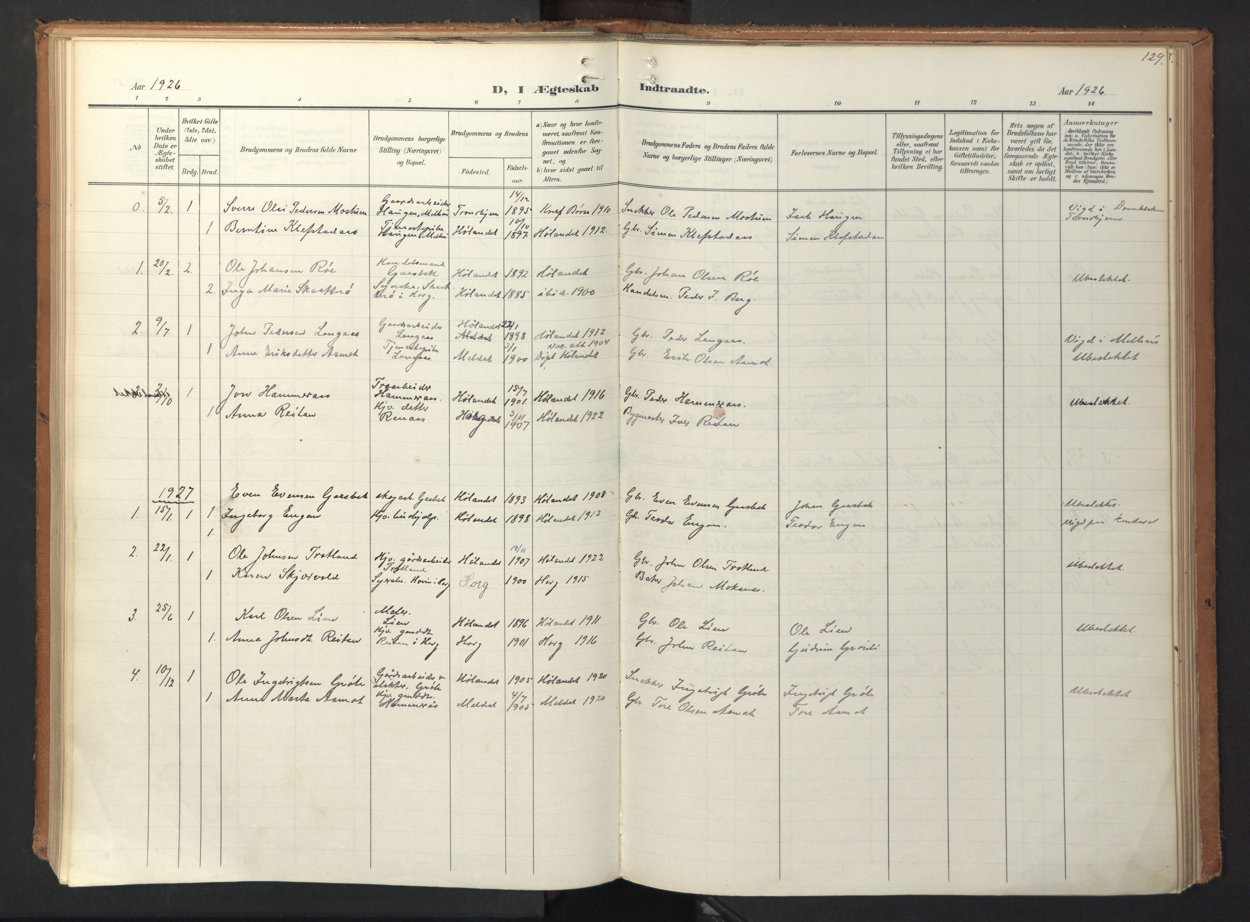 Ministerialprotokoller, klokkerbøker og fødselsregistre - Sør-Trøndelag, SAT/A-1456/694/L1128: Parish register (official) no. 694A02, 1906-1931, p. 129