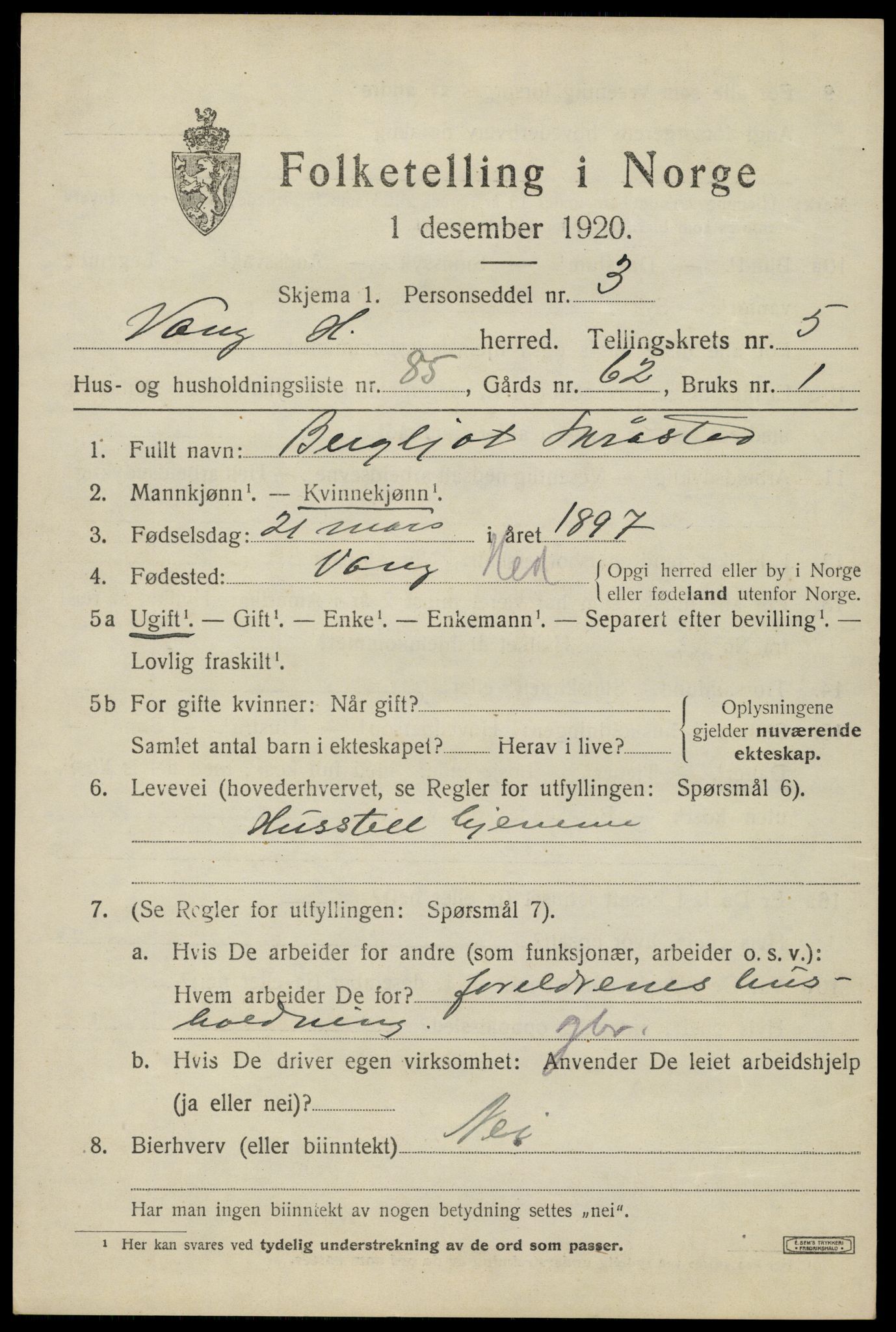 SAH, 1920 census for Vang (Hedmark), 1920, p. 14727