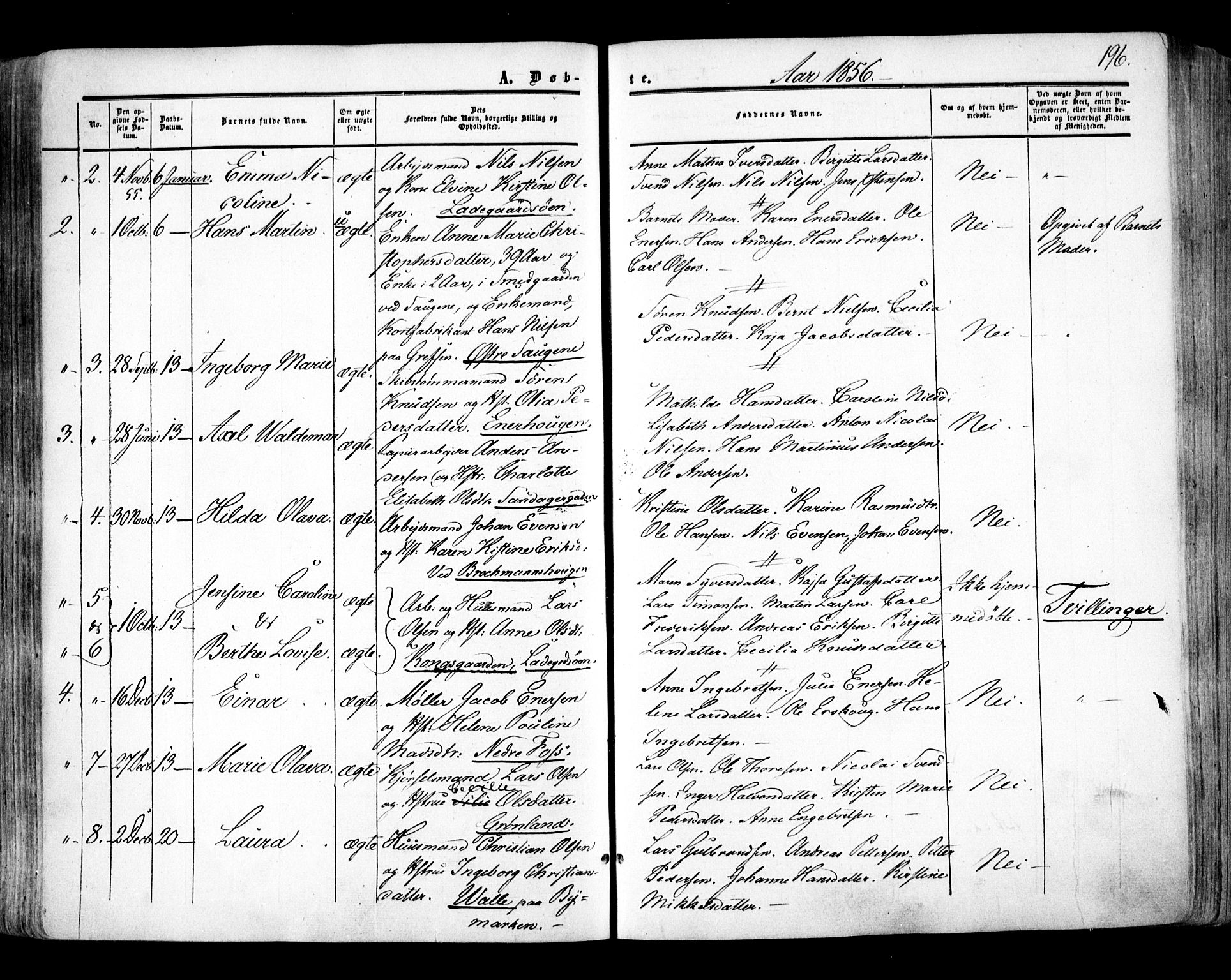 Aker prestekontor kirkebøker, SAO/A-10861/F/L0020: Parish register (official) no. 20, 1853-1857, p. 196