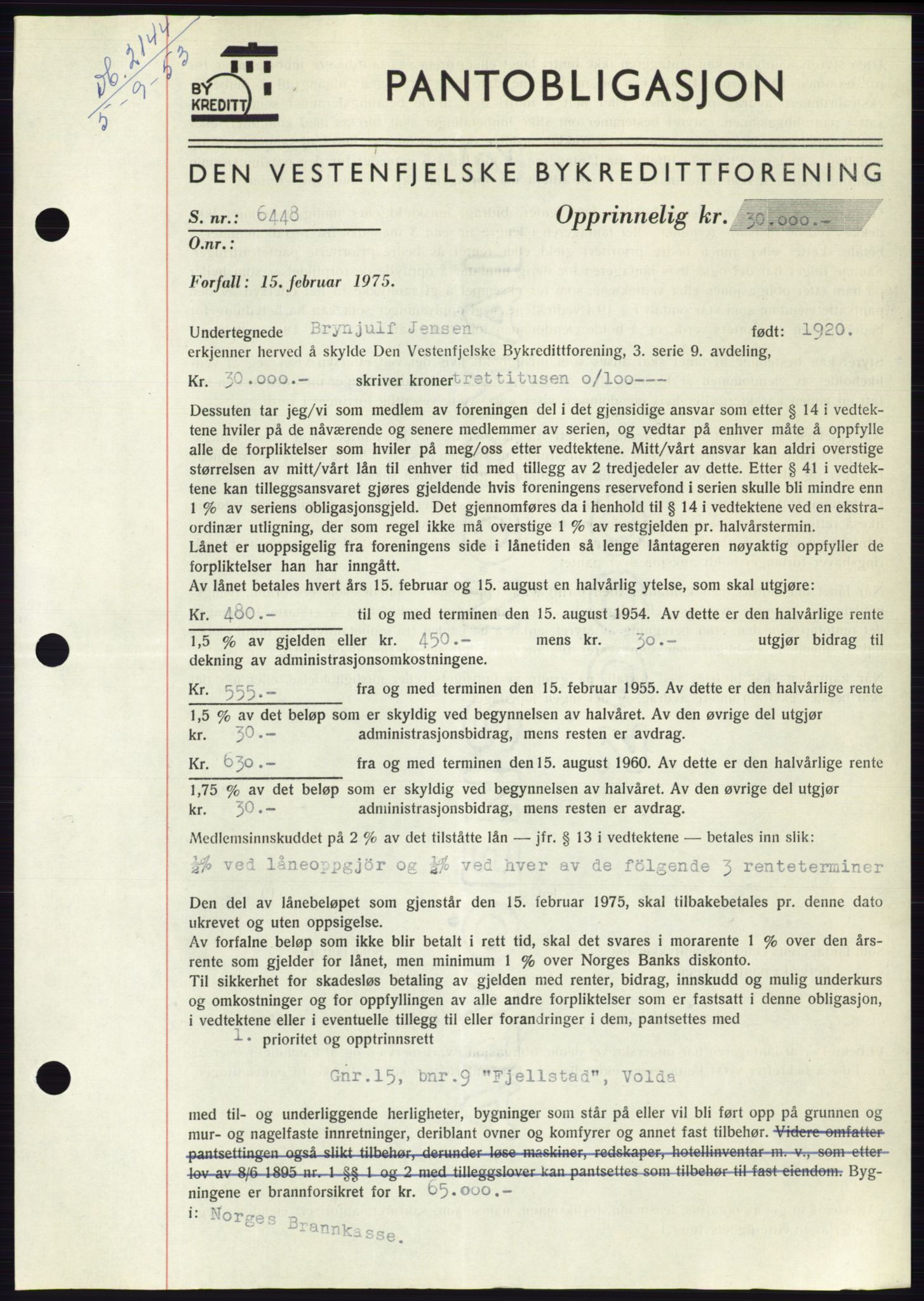 Søre Sunnmøre sorenskriveri, SAT/A-4122/1/2/2C/L0123: Mortgage book no. 11B, 1953-1953, Diary no: : 2144/1953