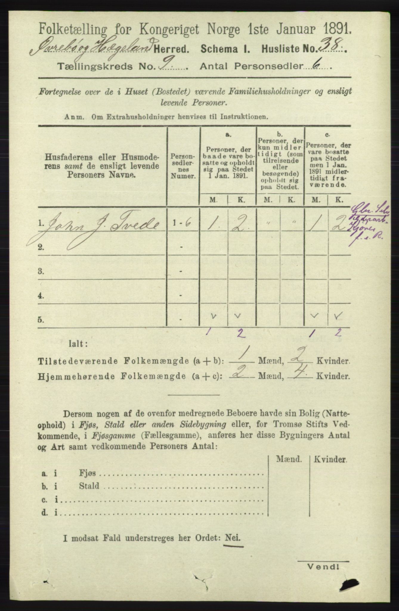 RA, 1891 census for 1016 Øvrebø og Hægeland, 1891, p. 1743