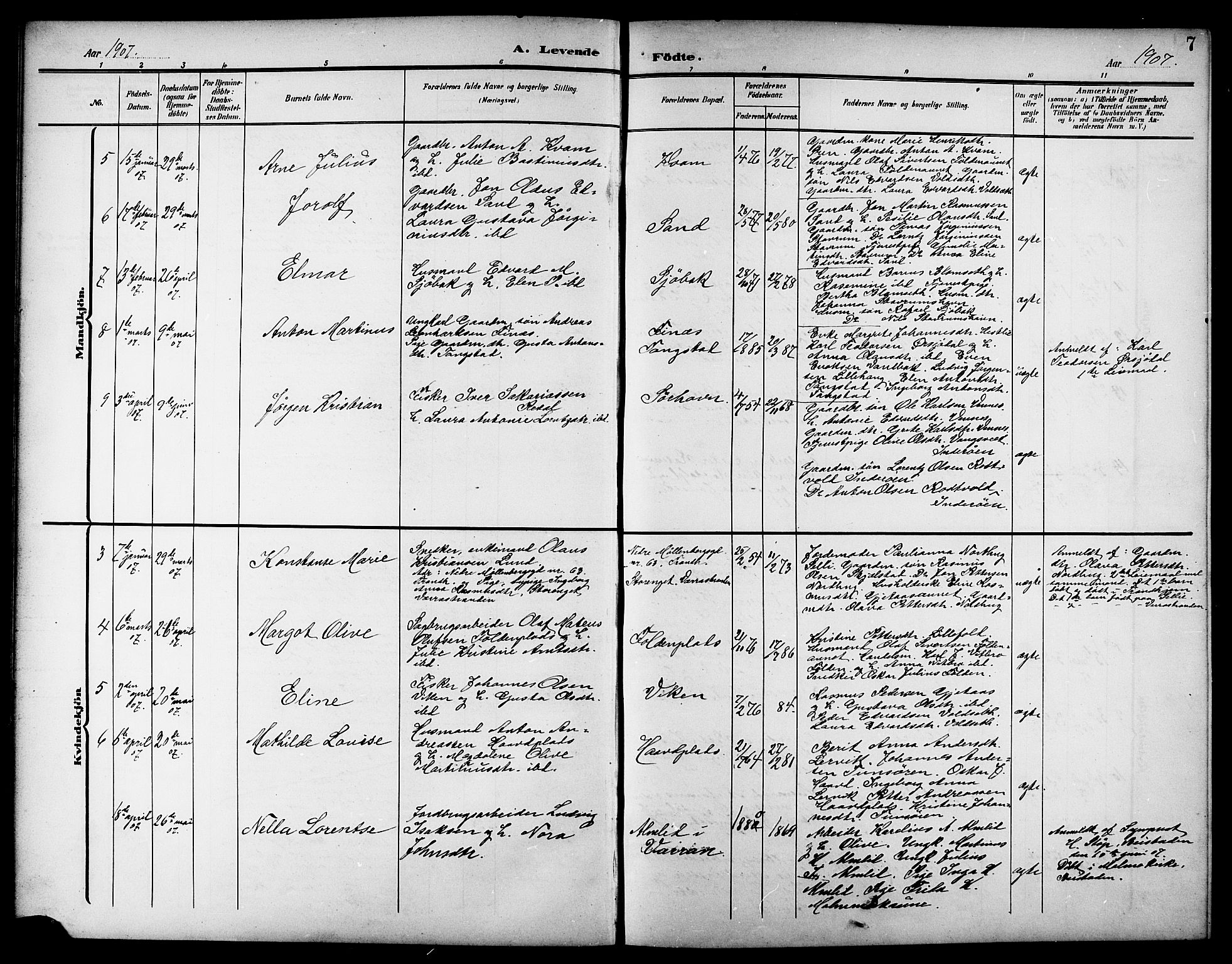 Ministerialprotokoller, klokkerbøker og fødselsregistre - Nord-Trøndelag, AV/SAT-A-1458/744/L0424: Parish register (copy) no. 744C03, 1906-1923, p. 7