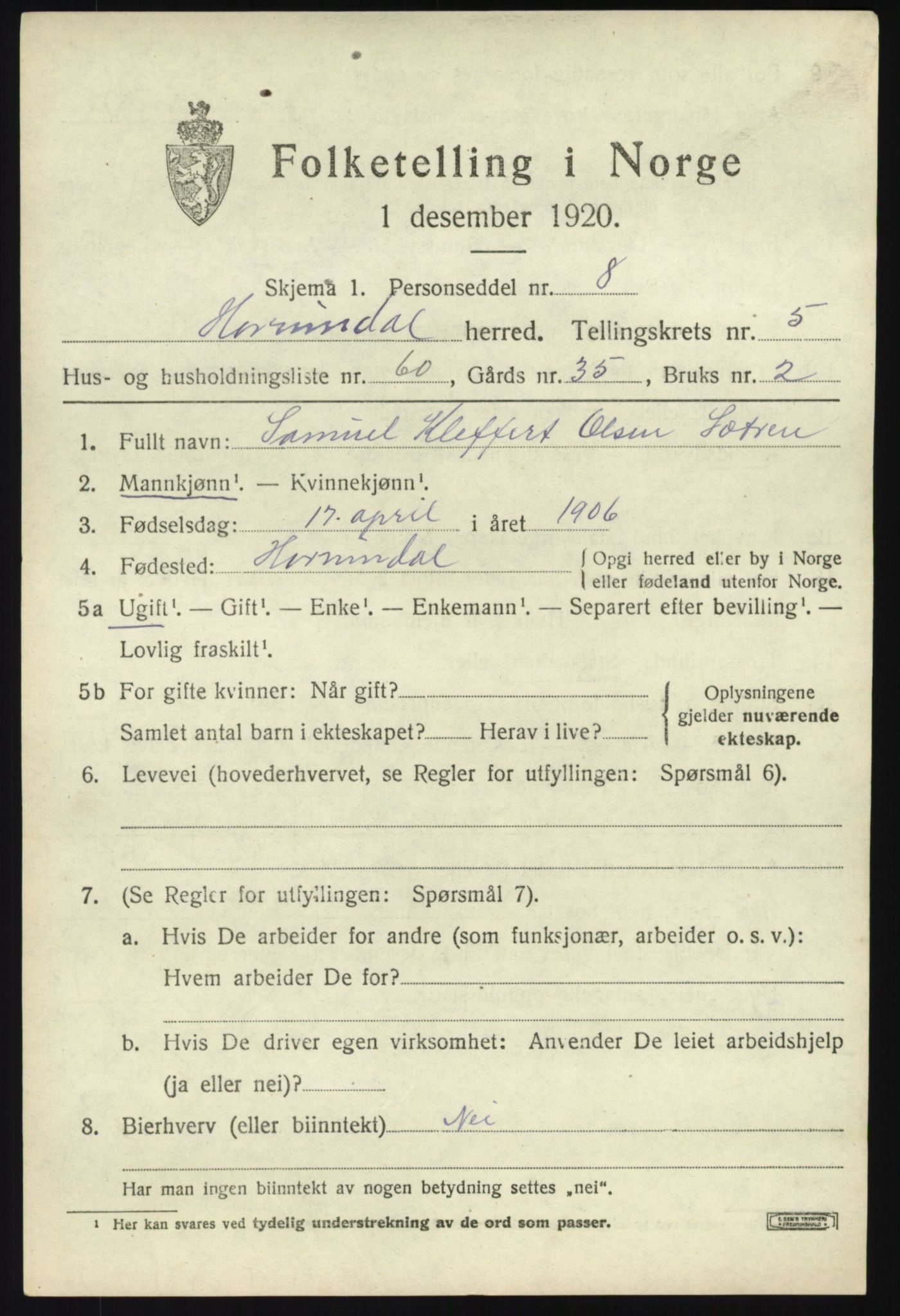 SAB, 1920 census for Hornindal, 1920, p. 3126