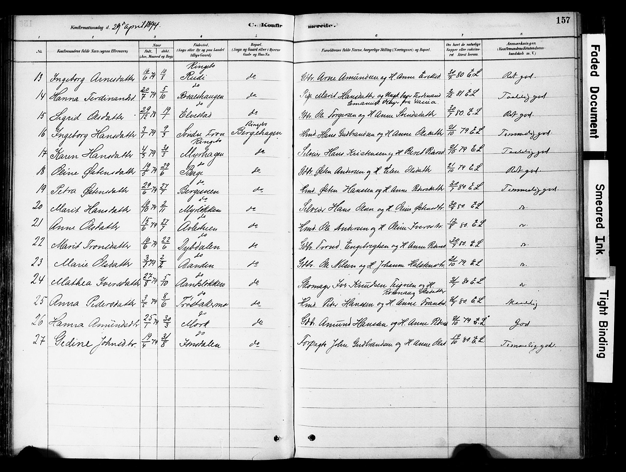 Ringebu prestekontor, AV/SAH-PREST-082/H/Ha/Haa/L0008: Parish register (official) no. 8, 1878-1898, p. 157