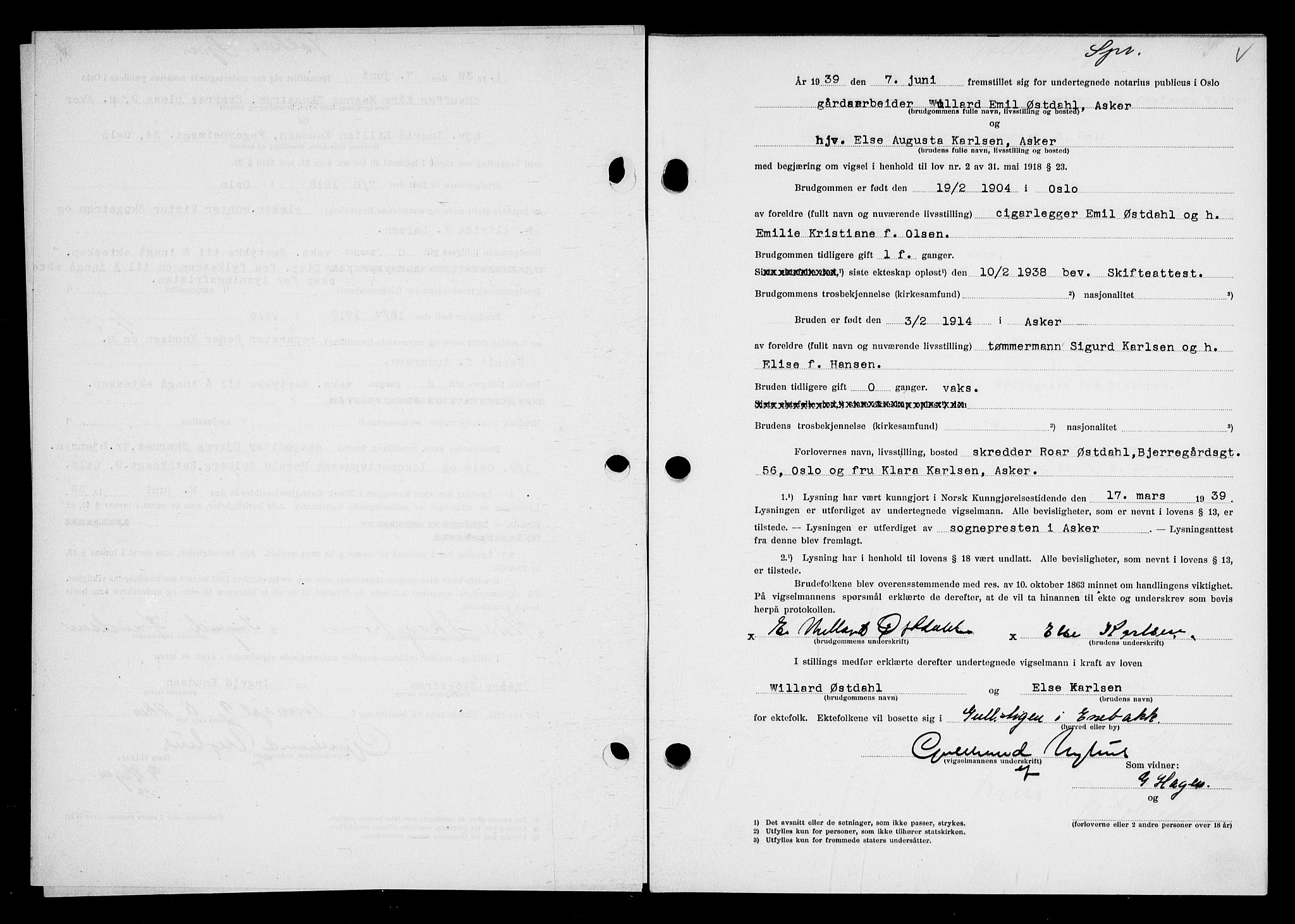 Oslo byfogd avd. I, AV/SAO-A-10220/L/Lb/Lbb/L0032: Notarialprotokoll, rekke II: Vigsler, 1939