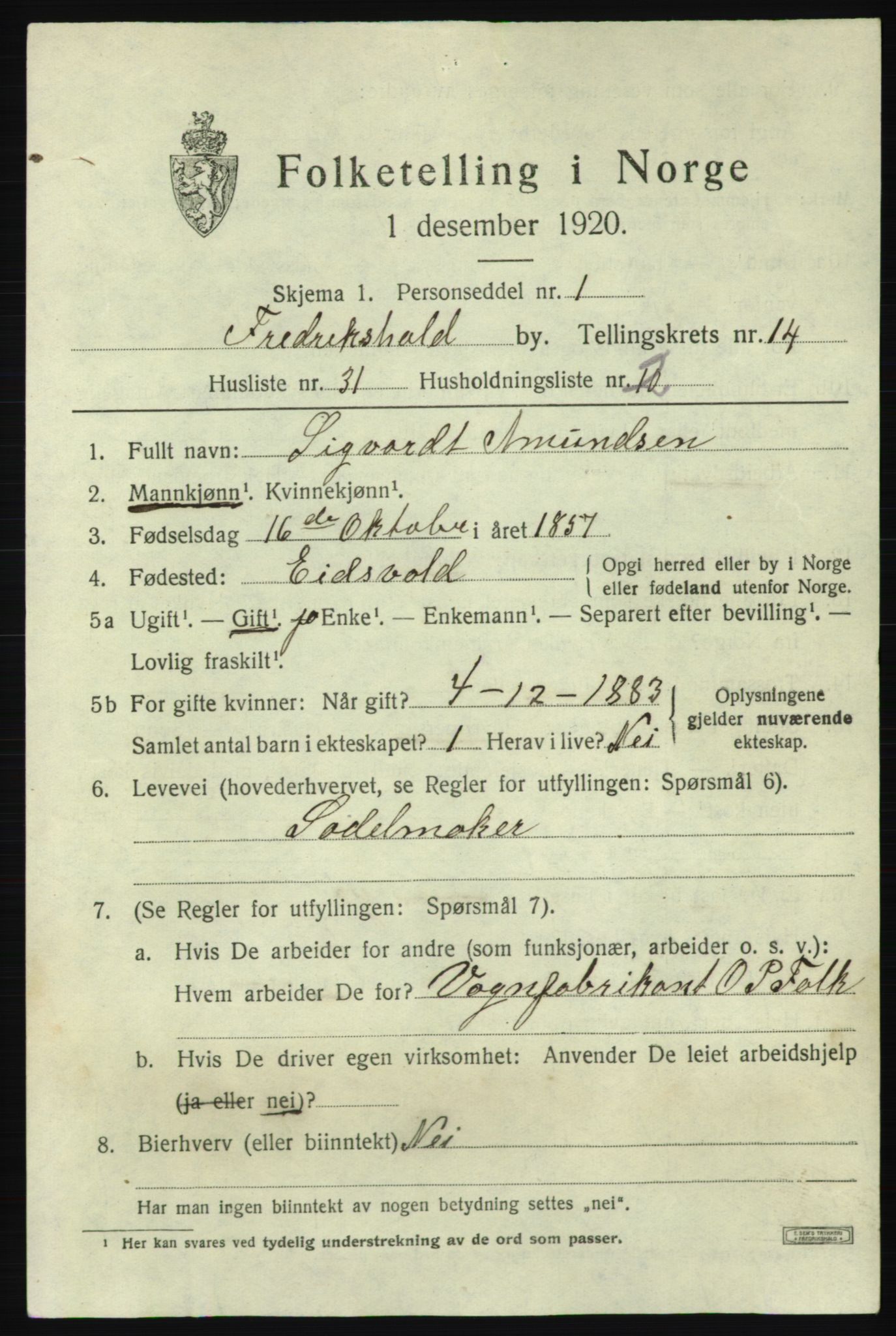 SAO, 1920 census for Fredrikshald, 1920, p. 23093