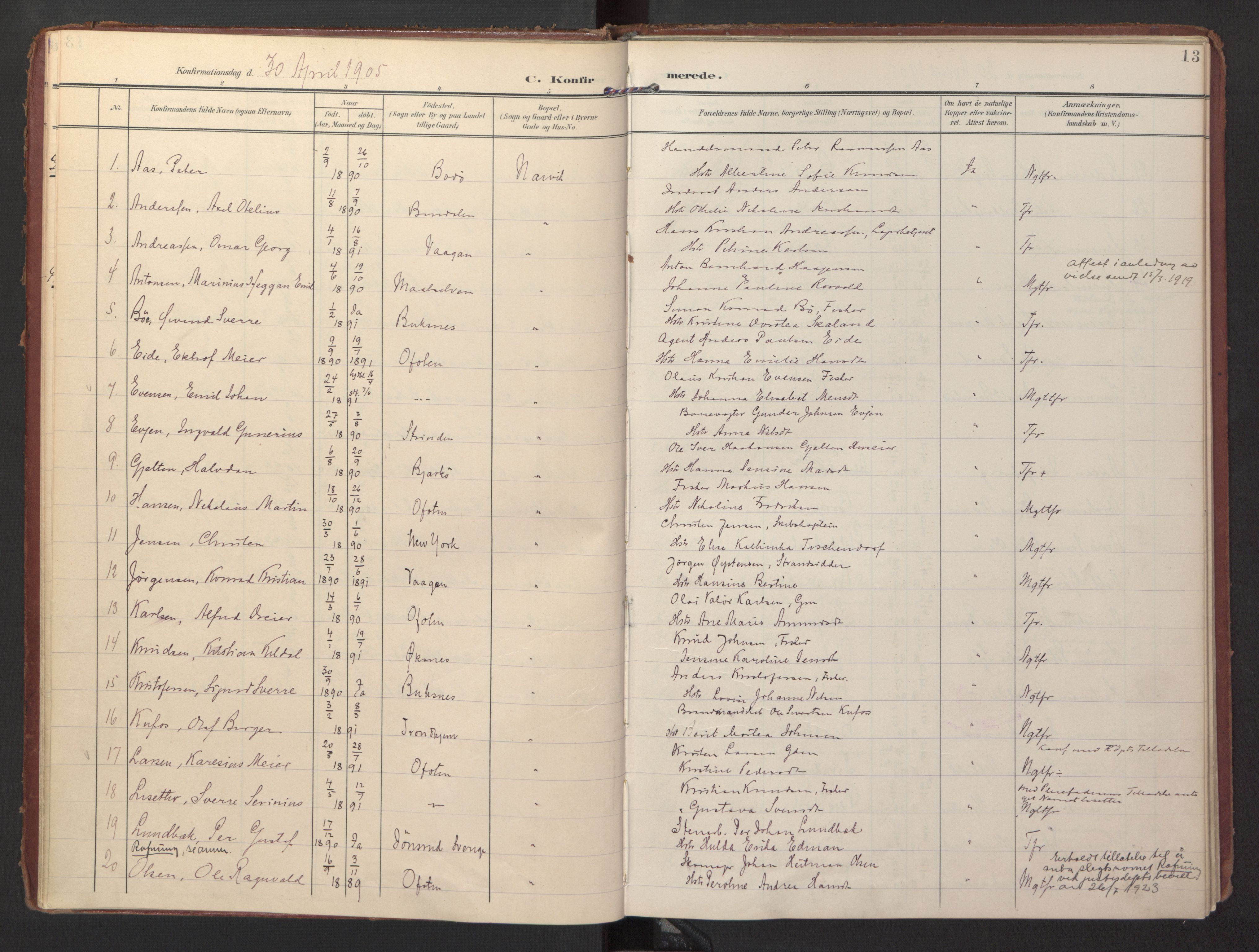 Ministerialprotokoller, klokkerbøker og fødselsregistre - Nordland, SAT/A-1459/871/L0998: Parish register (official) no. 871A14, 1902-1921, p. 13