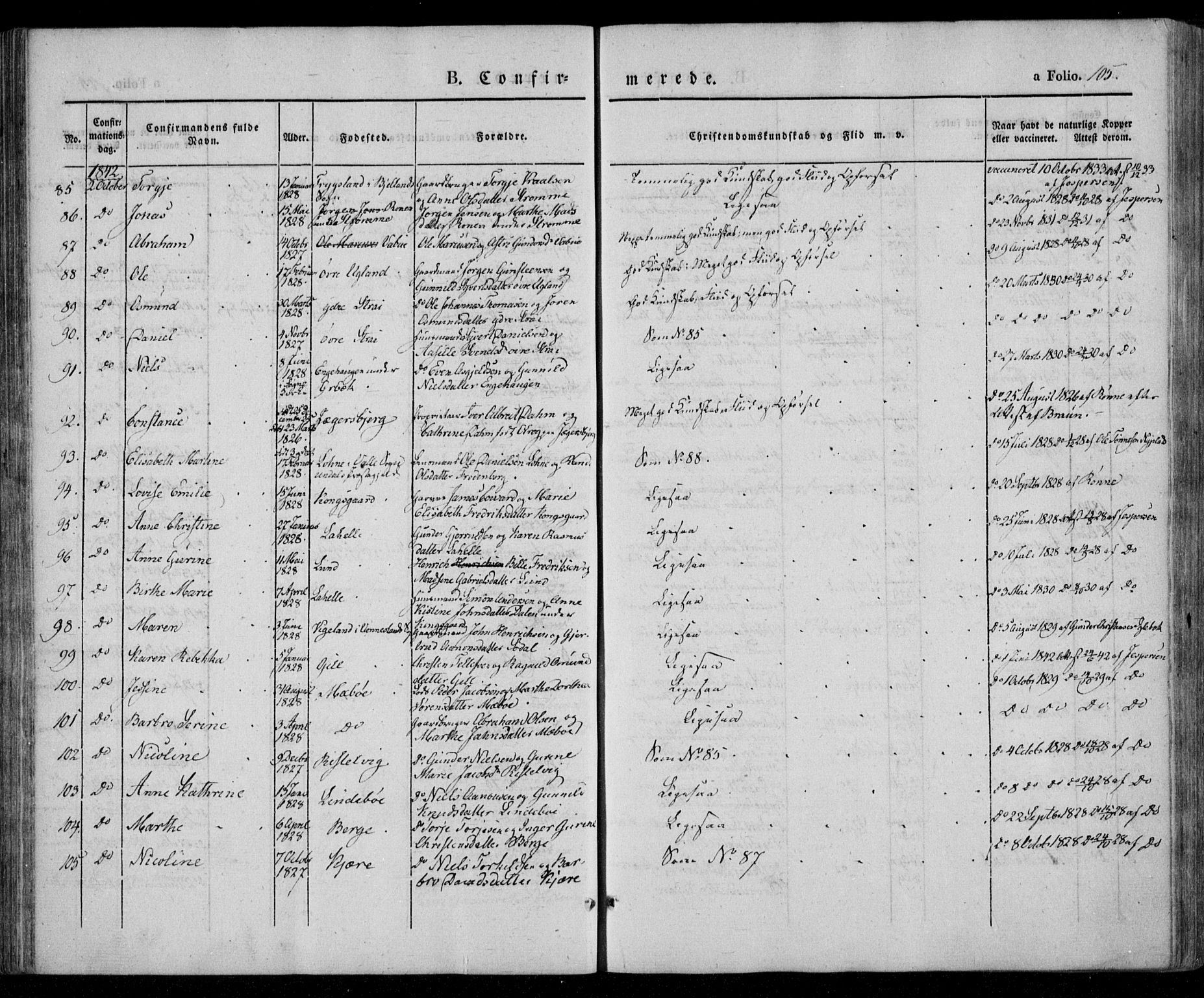 Oddernes sokneprestkontor, SAK/1111-0033/F/Fa/Faa/L0006: Parish register (official) no. A 6, 1838-1851, p. 105