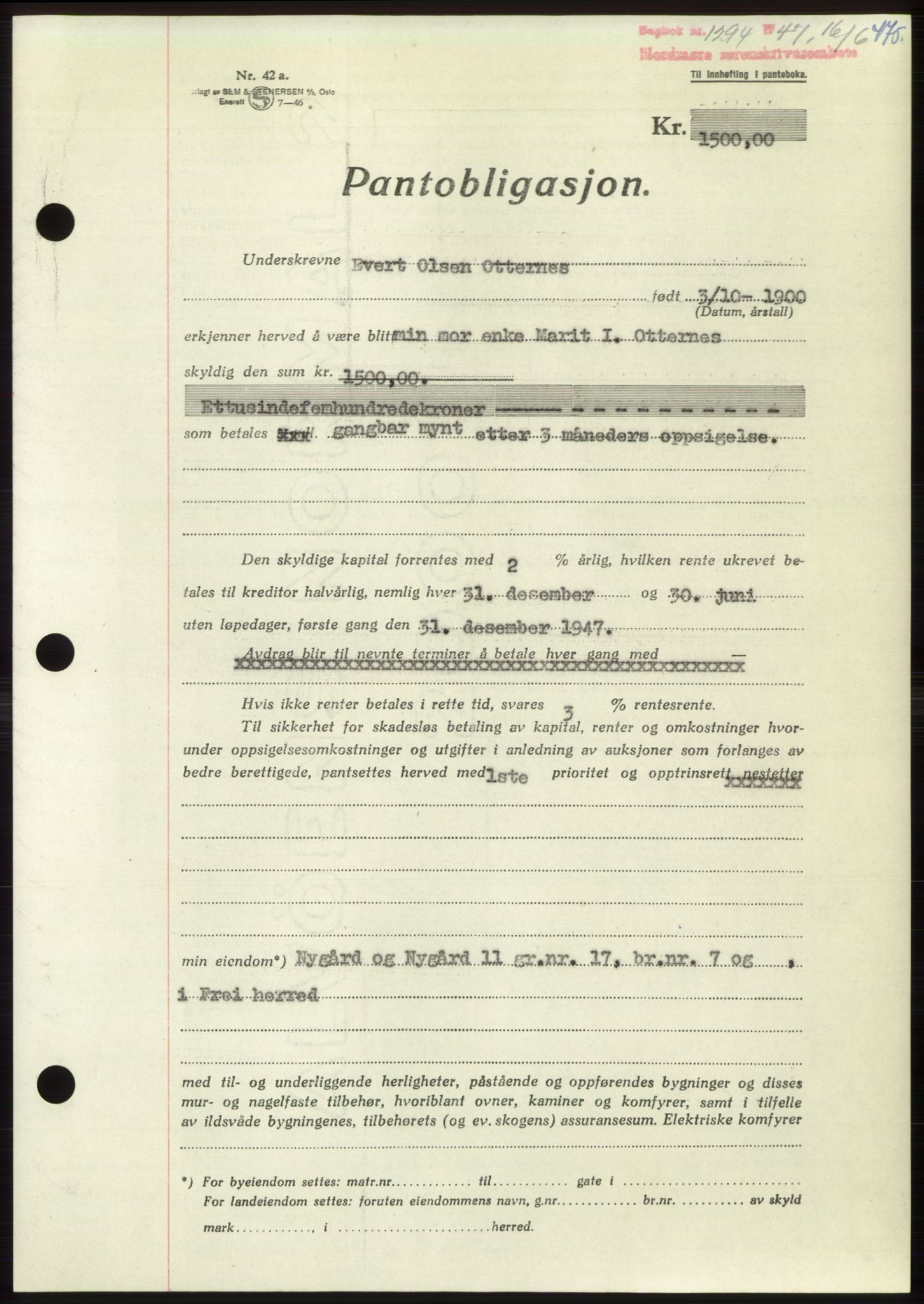 Nordmøre sorenskriveri, AV/SAT-A-4132/1/2/2Ca: Mortgage book no. B96, 1947-1947, Diary no: : 1294/1947