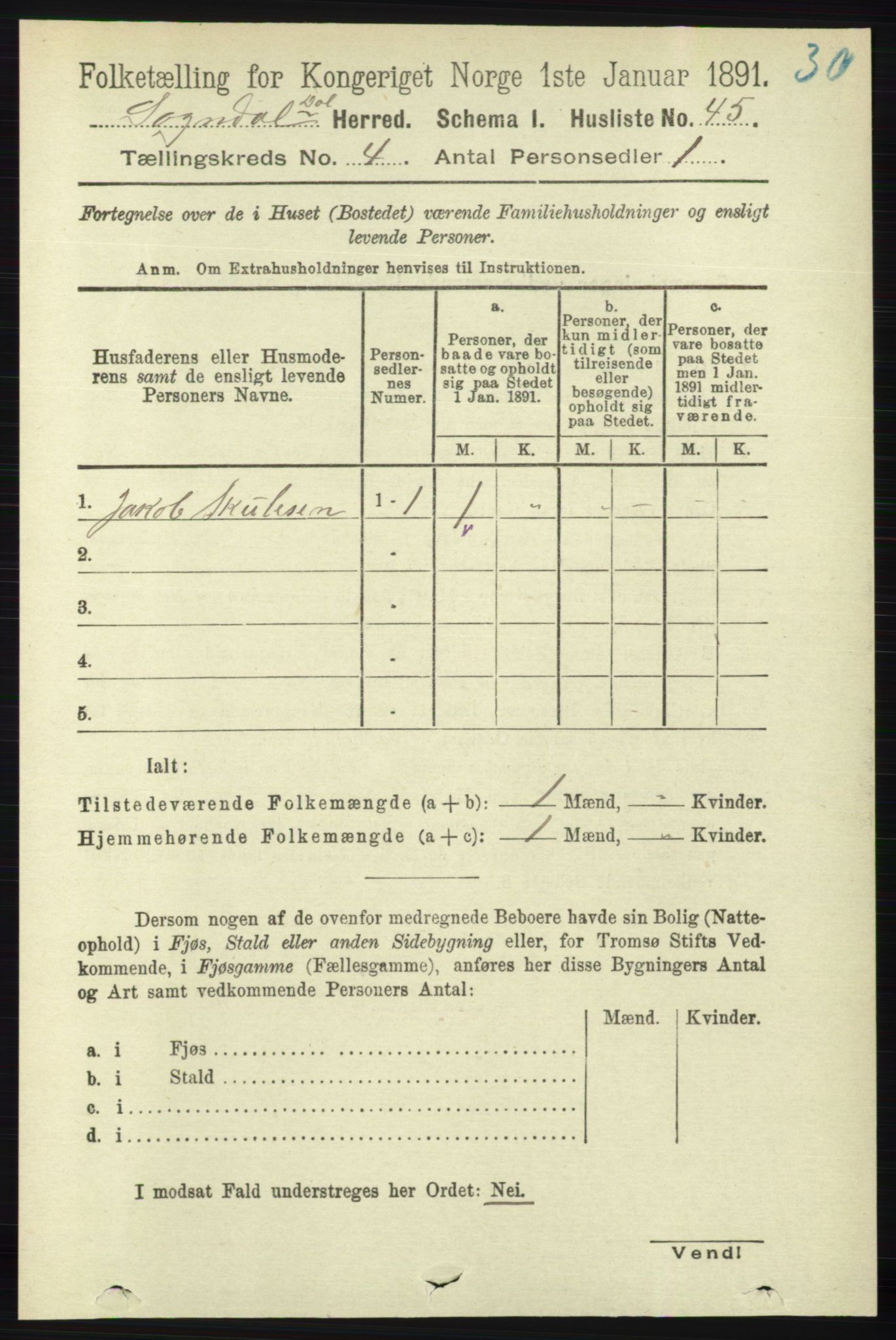 RA, 1891 census for 1111 Sokndal, 1891, p. 997