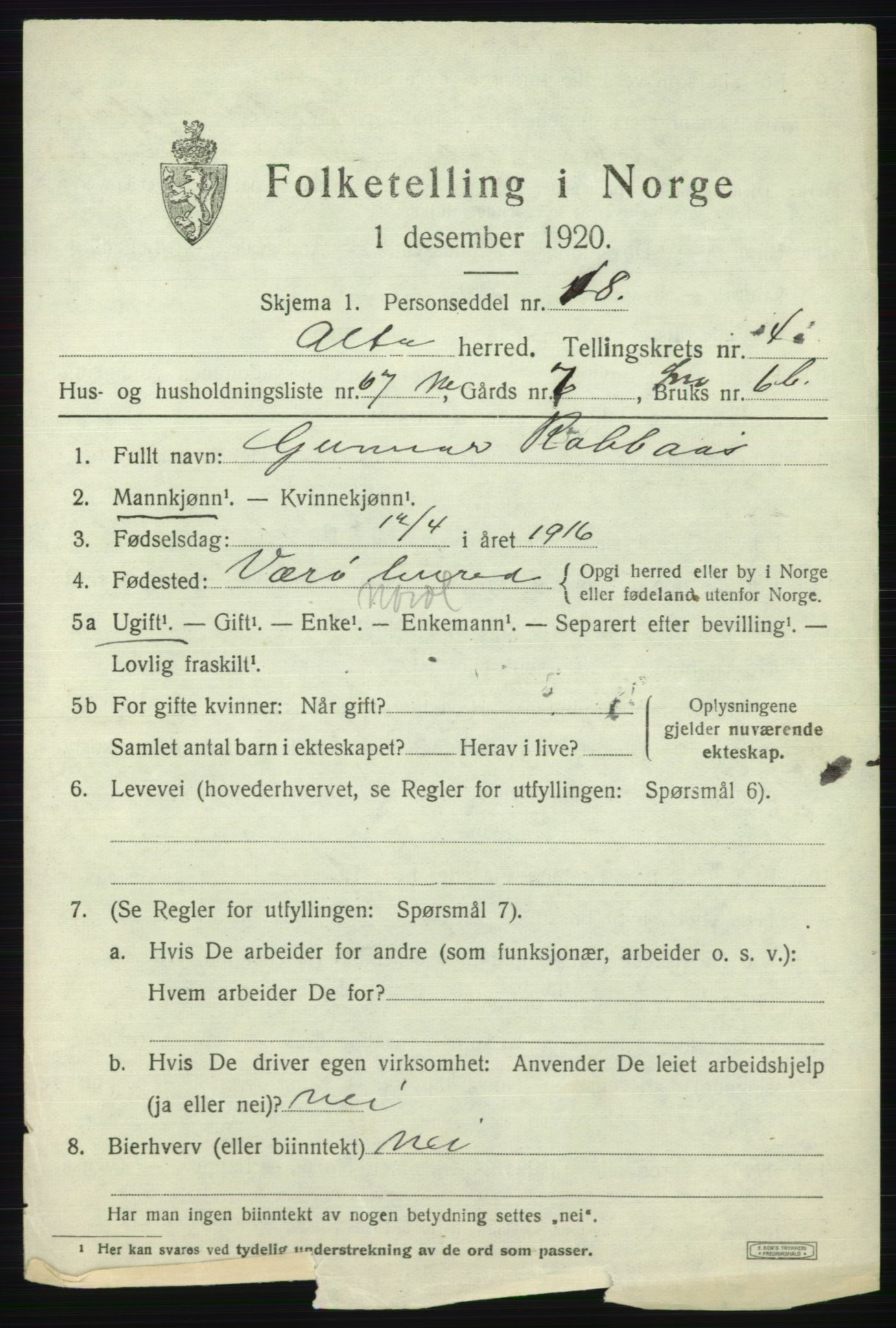 SATØ, 1920 census for Alta, 1920, p. 3303