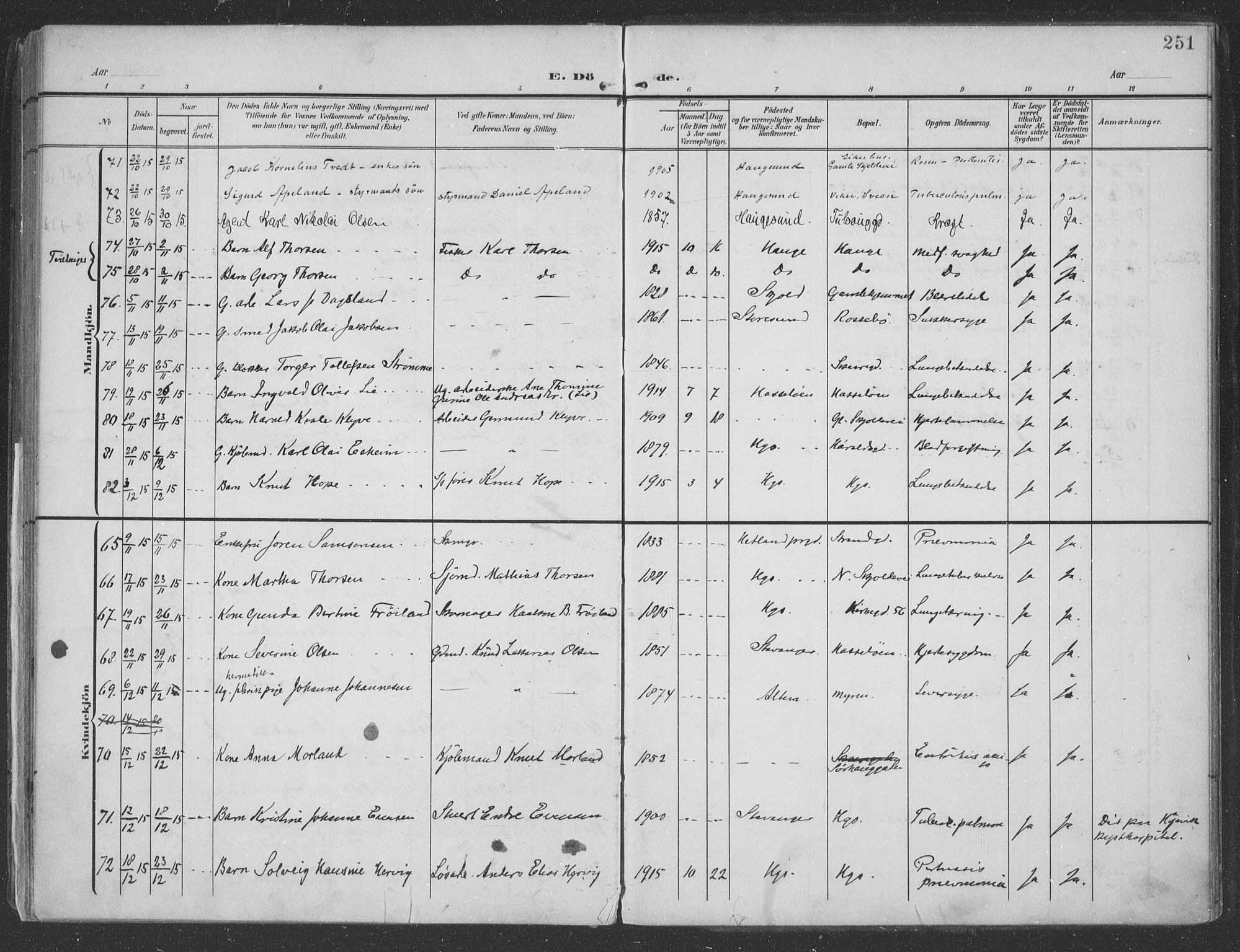 Haugesund sokneprestkontor, AV/SAST-A -101863/H/Ha/Haa/L0007: Parish register (official) no. A 7, 1904-1916, p. 251