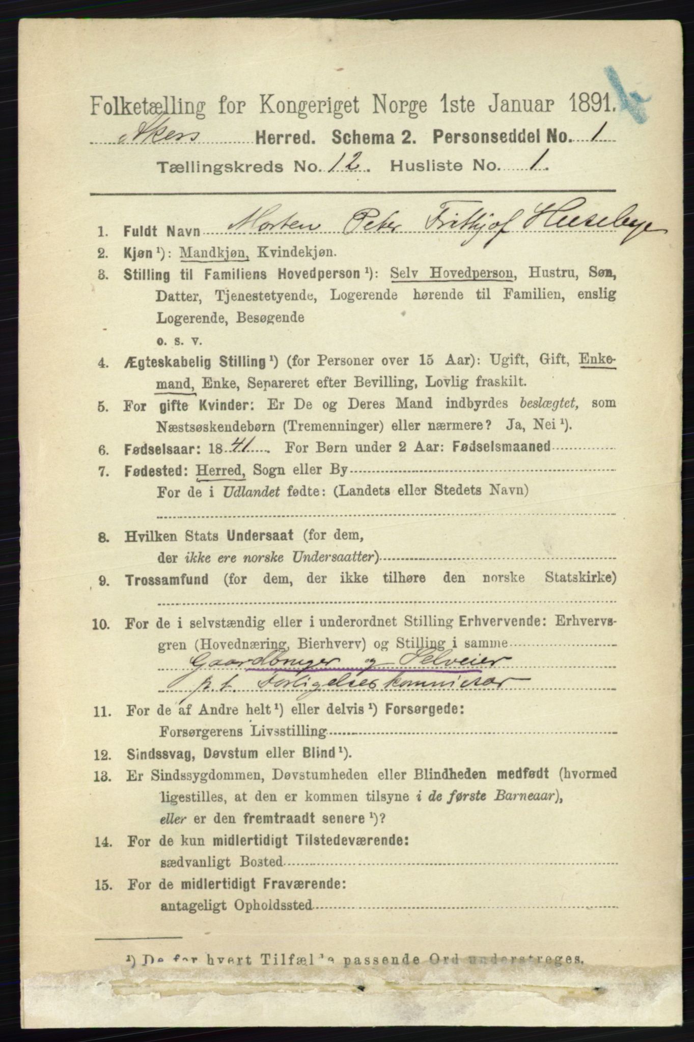 RA, 1891 census for 0218 Aker, 1891, p. 11400