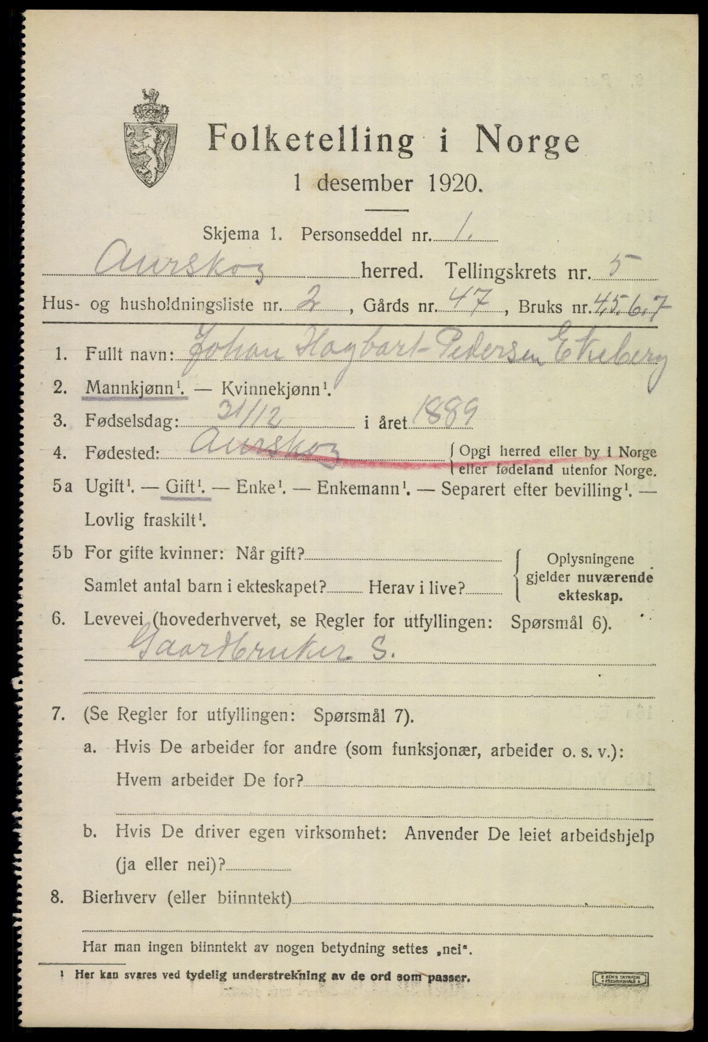 SAO, 1920 census for Aurskog, 1920, p. 6538