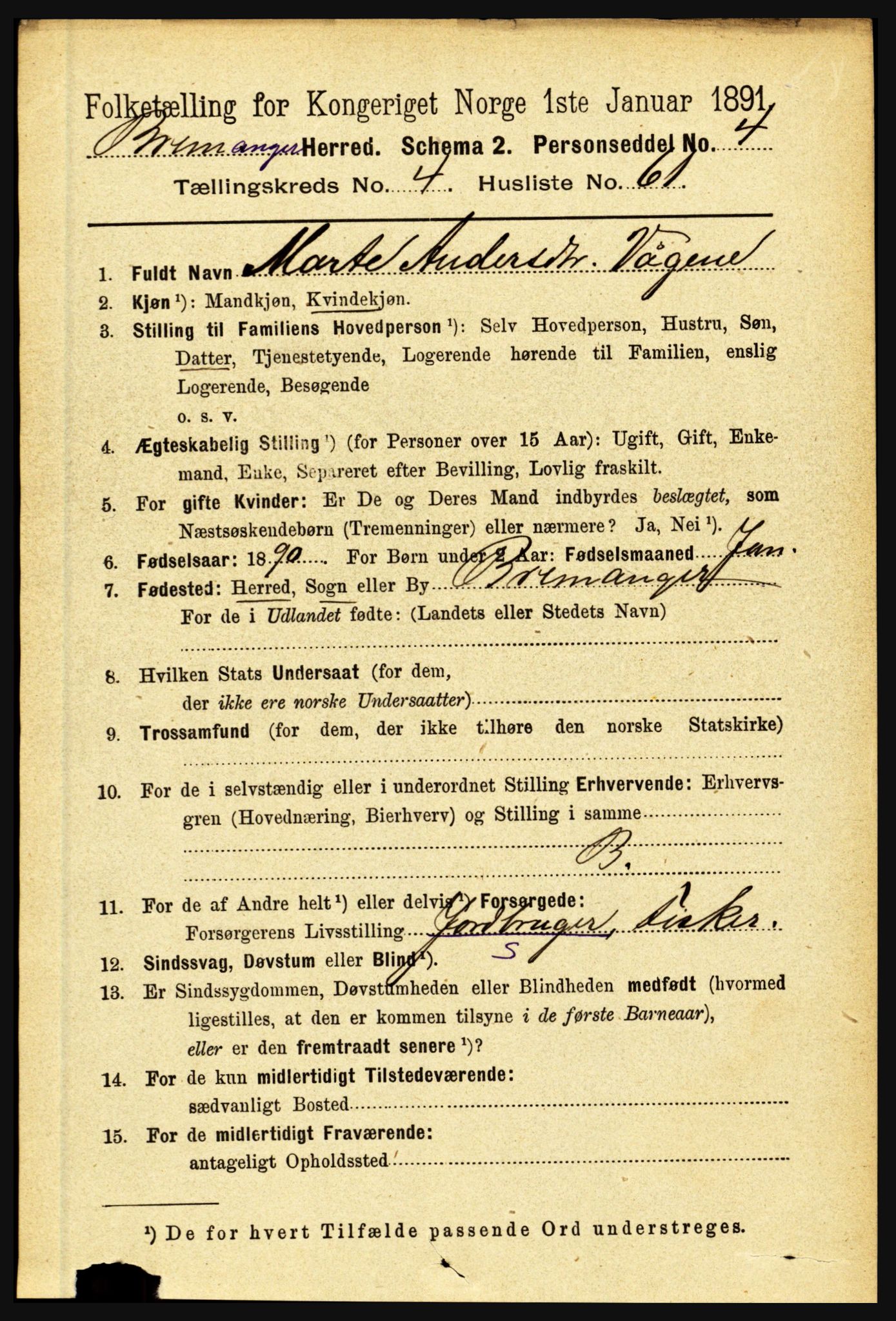 RA, 1891 census for 1438 Bremanger, 1891, p. 1887