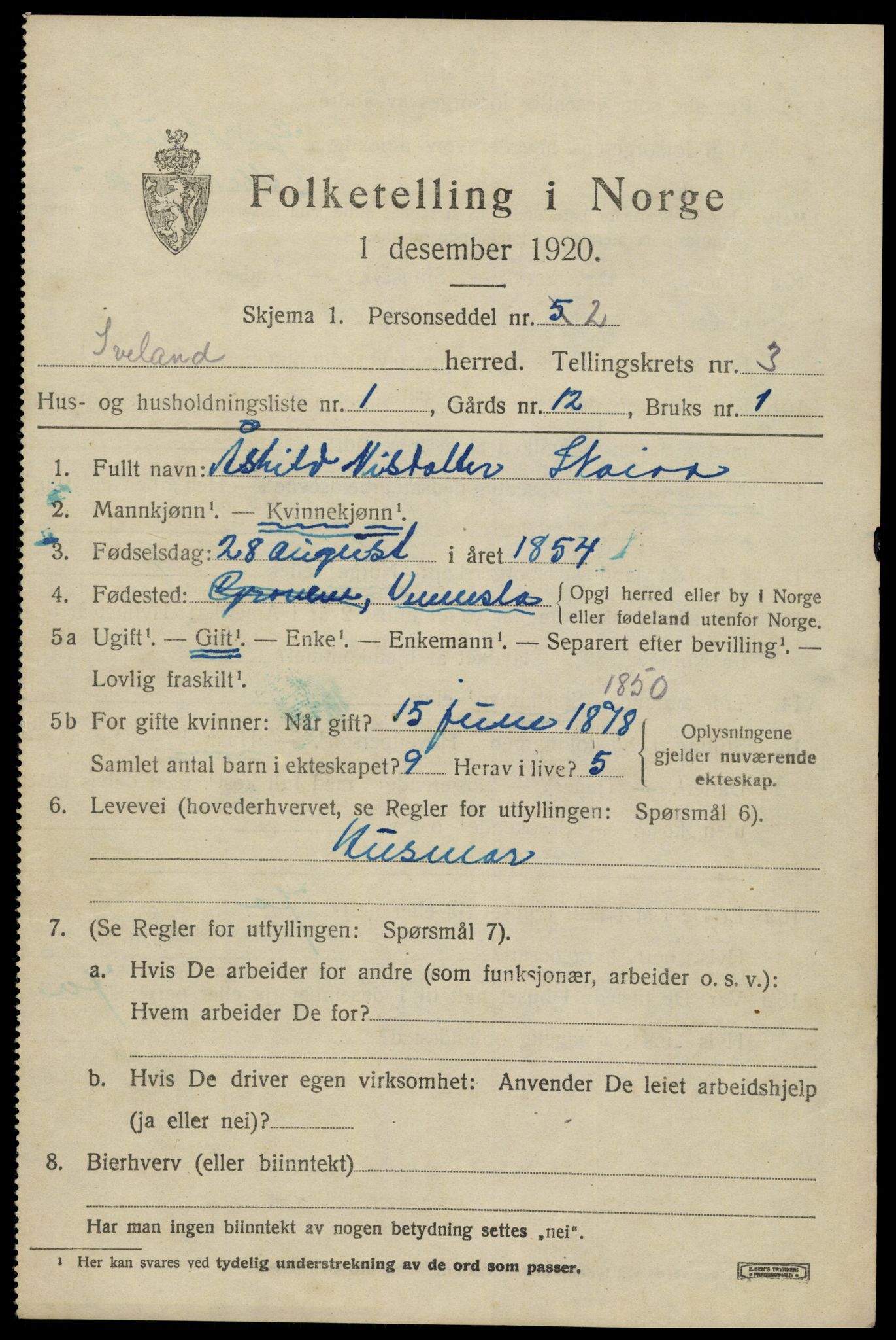 SAK, 1920 census for Iveland, 1920, p. 937