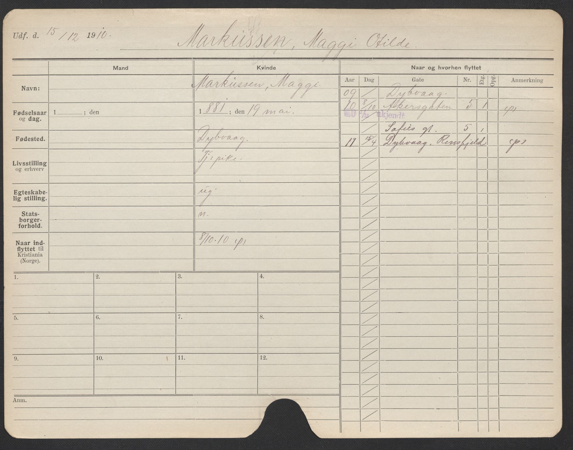 Oslo folkeregister, Registerkort, AV/SAO-A-11715/F/Fa/Fac/L0020: Kvinner, 1906-1914, p. 576a