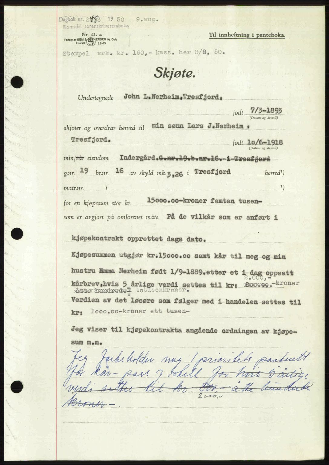 Romsdal sorenskriveri, AV/SAT-A-4149/1/2/2C: Mortgage book no. A34, 1950-1950, Diary no: : 2453/1950