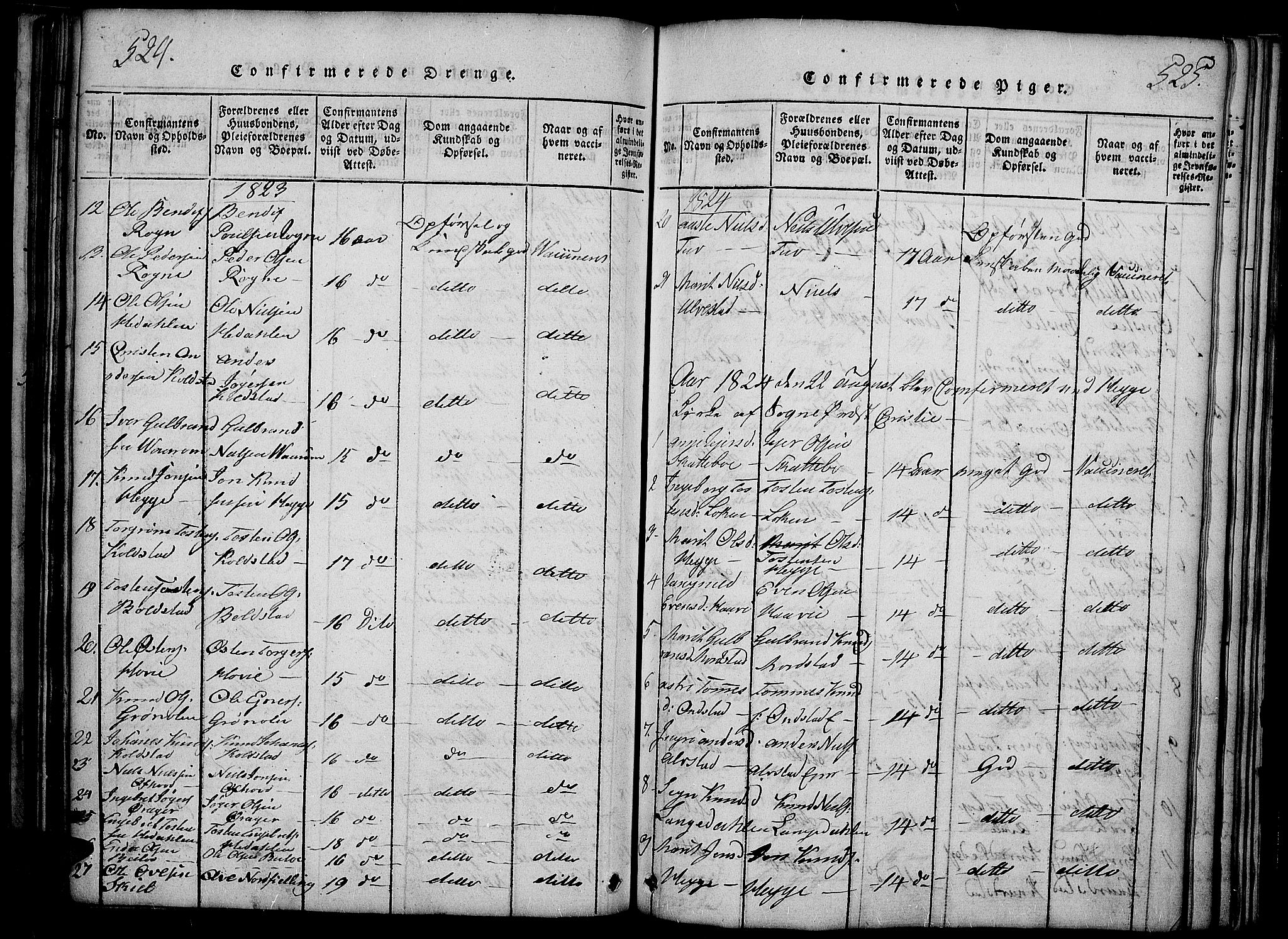 Slidre prestekontor, SAH/PREST-134/H/Ha/Haa/L0002: Parish register (official) no. 2, 1814-1830, p. 524-525