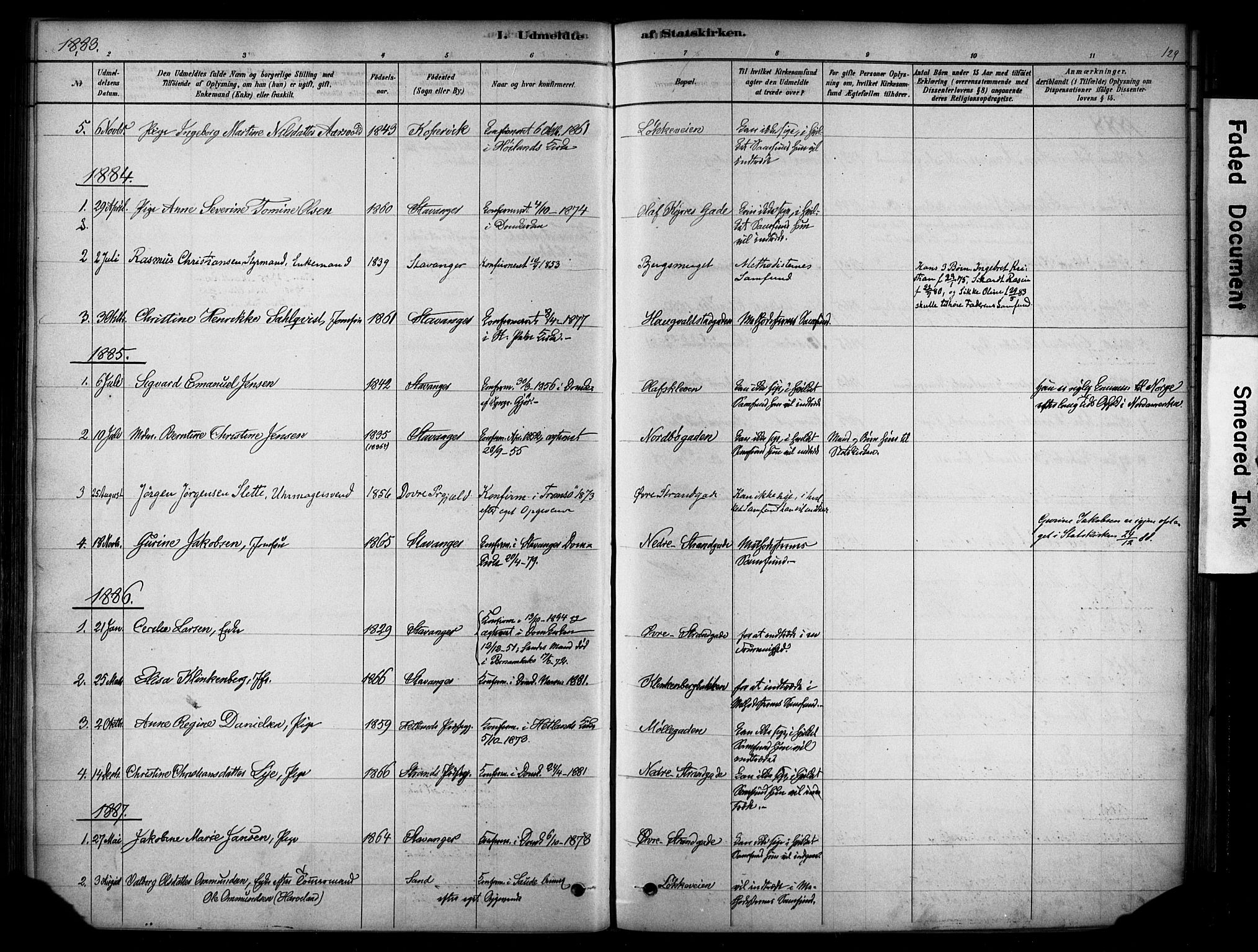 Domkirken sokneprestkontor, SAST/A-101812/001/30/30BA/L0025: Parish register (official) no. A 24, 1877-1927, p. 129