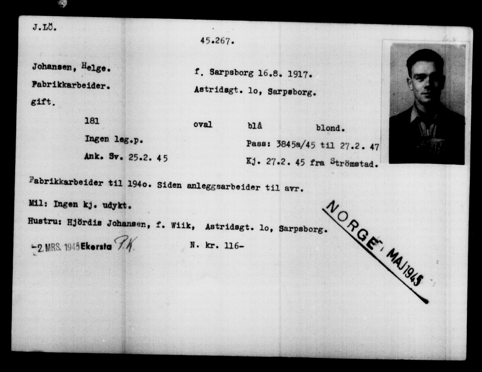 Utenriksstasjonene, Legasjonen i Stockholm, Flyktningkontoret, AV/RA-S-6753/V/Va/L0017: Kjesäterkartoteket, flyktninger med registreringsnr. 43400-46318, 1940-1945, p. 1946