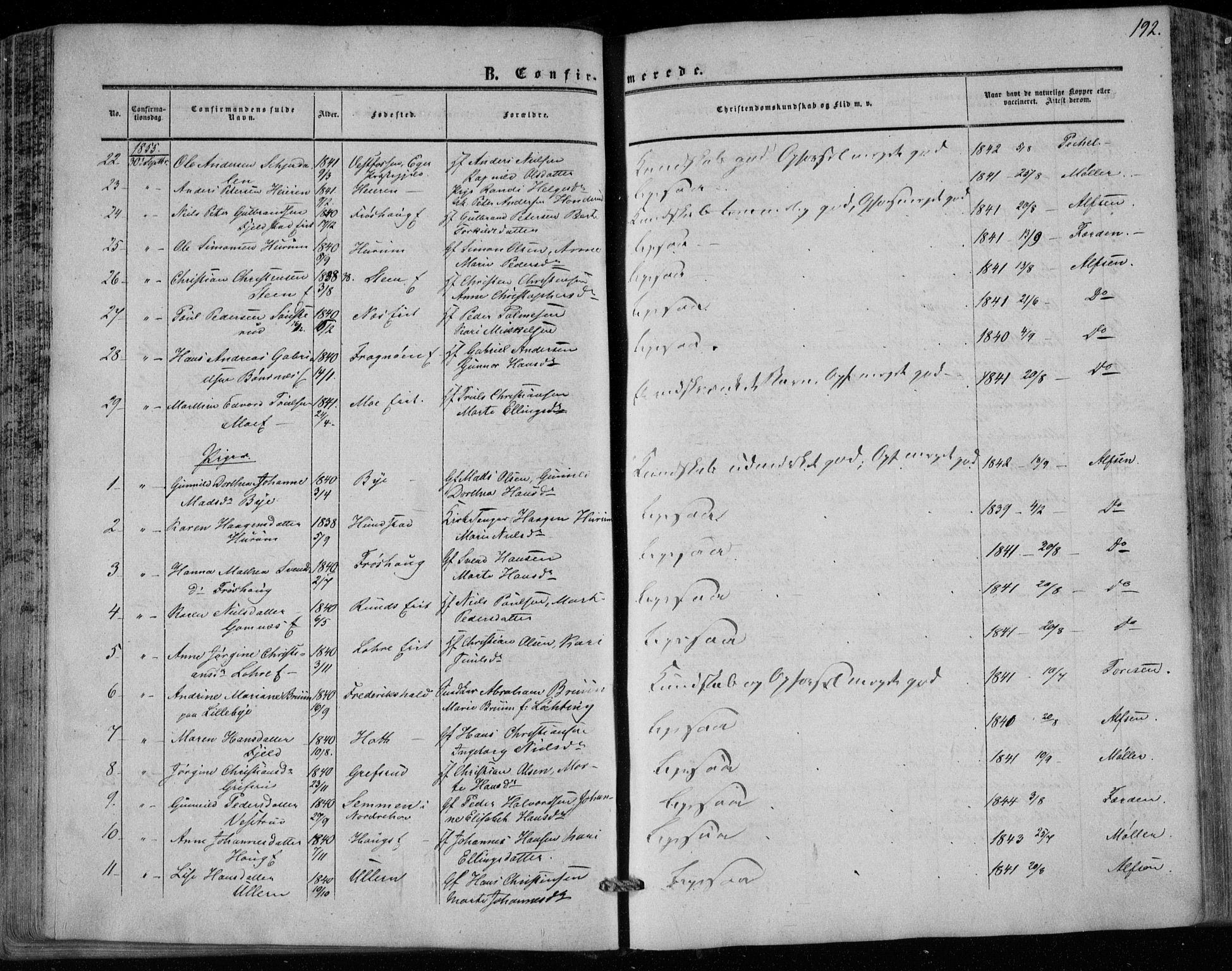 Hole kirkebøker, AV/SAKO-A-228/F/Fa/L0006: Parish register (official) no. I 6, 1852-1872, p. 192