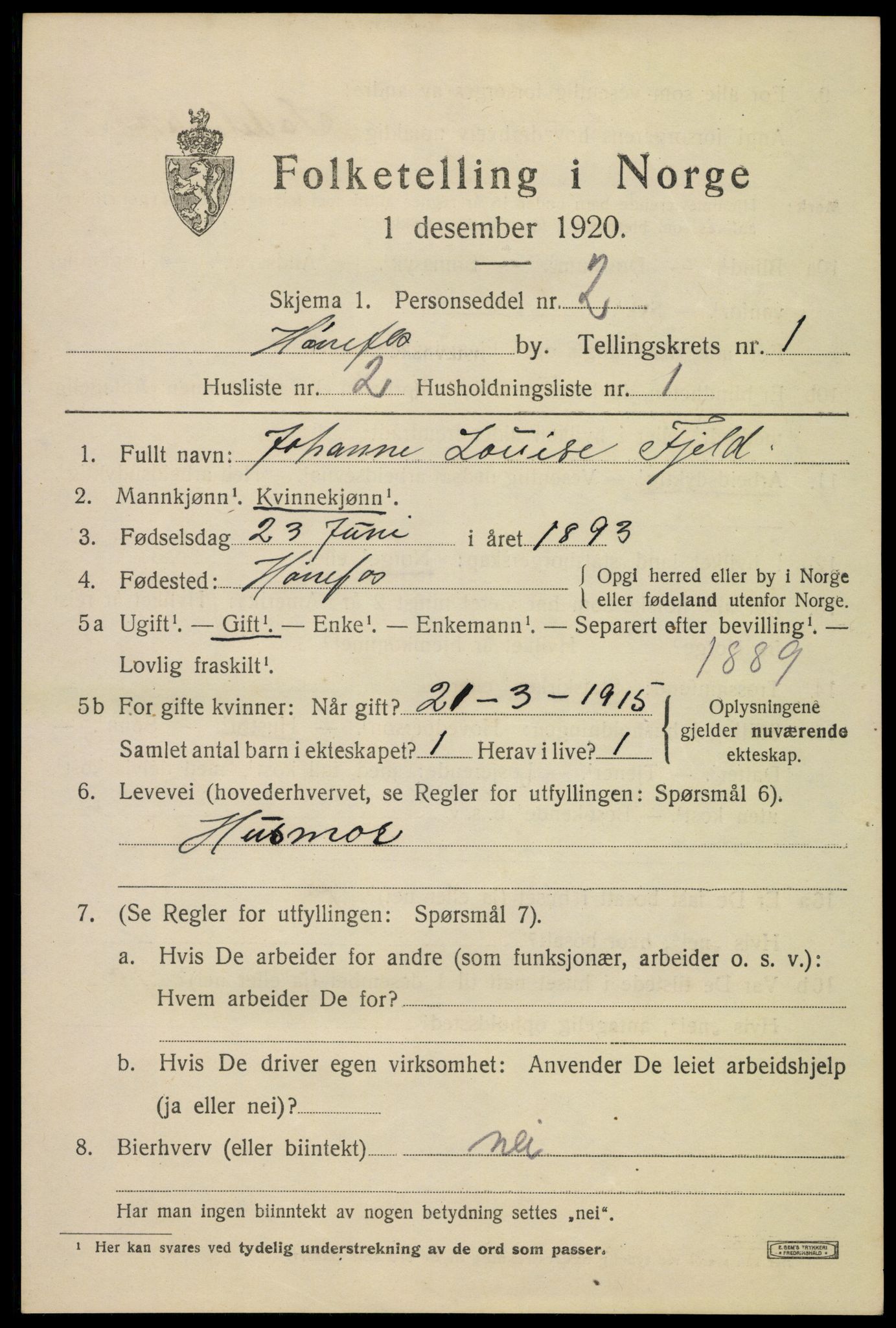 SAKO, 1920 census for Hønefoss, 1920, p. 2350