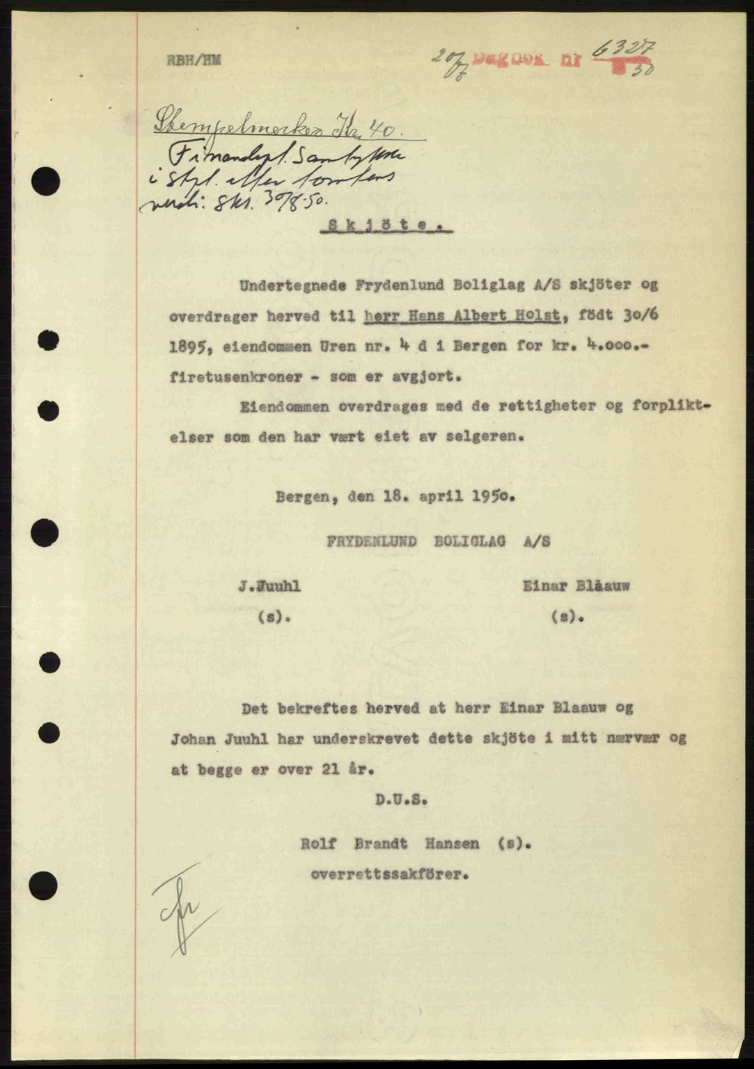 Byfogd og Byskriver i Bergen, AV/SAB-A-3401/03/03Bc/L0033: Mortgage book no. A26-27, 1950-1950, Diary no: : 6327/1950