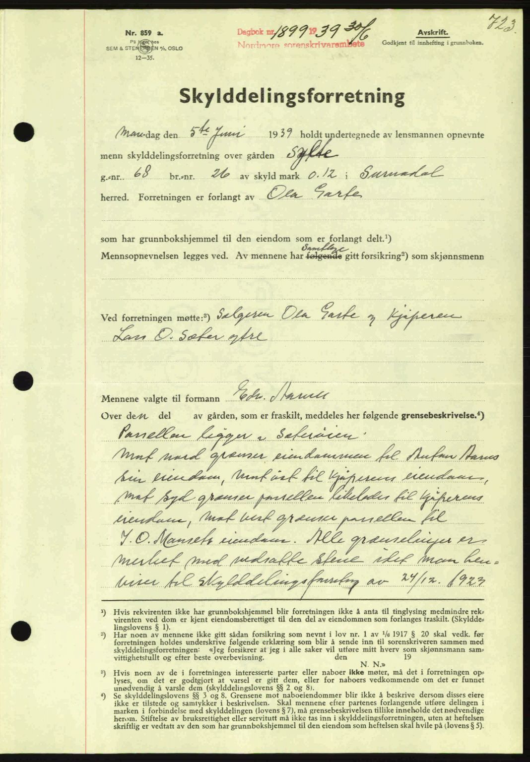 Nordmøre sorenskriveri, SAT/A-4132/1/2/2Ca: Mortgage book no. A86, 1939-1939, Diary no: : 1899/1939