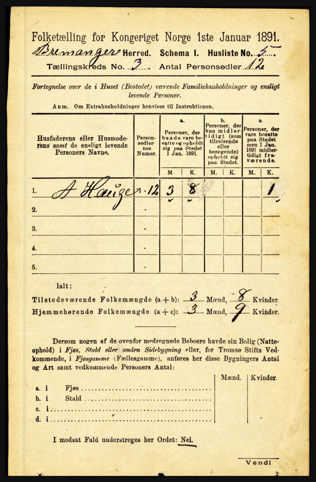 RA, 1891 census for 1438 Bremanger, 1891, p. 891