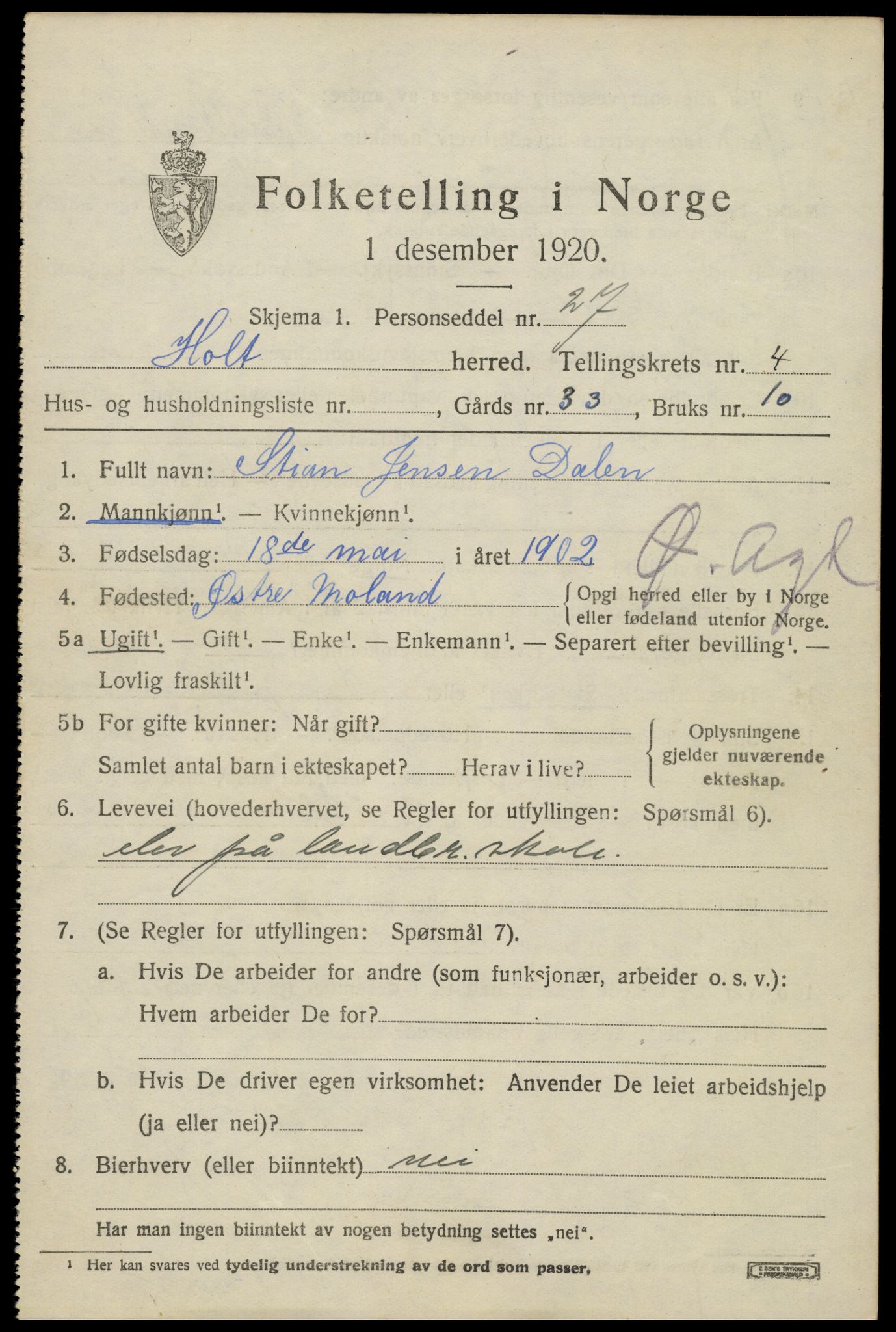 SAK, 1920 census for Holt, 1920, p. 2860