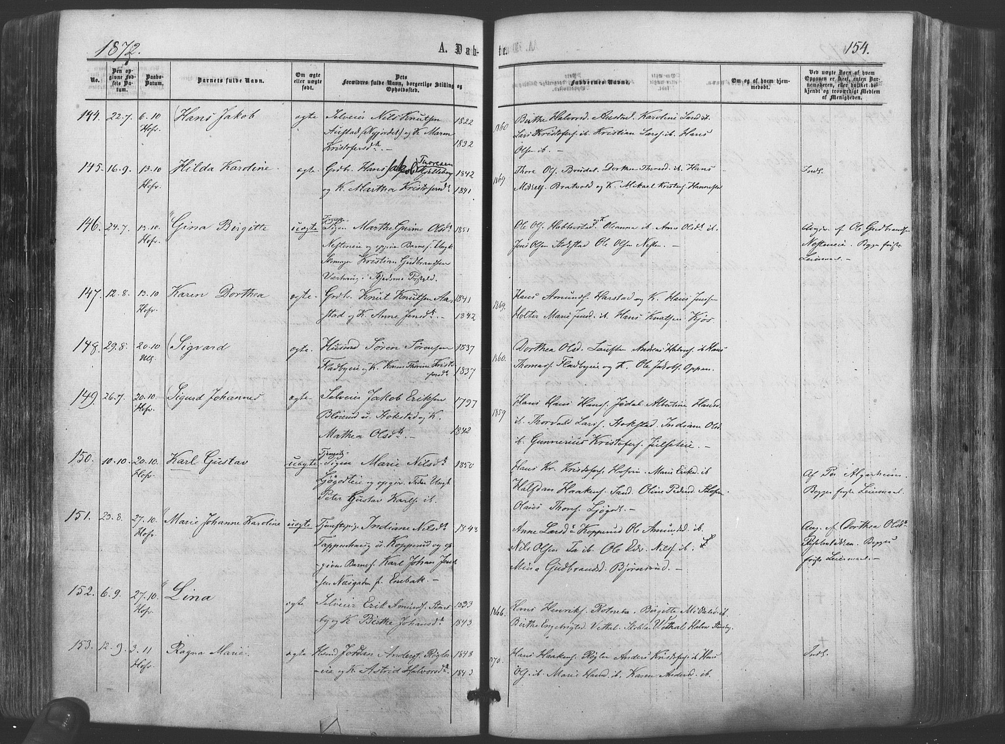 Ullensaker prestekontor Kirkebøker, SAO/A-10236a/F/Fa/L0016: Parish register (official) no. I 16, 1863-1875, p. 154
