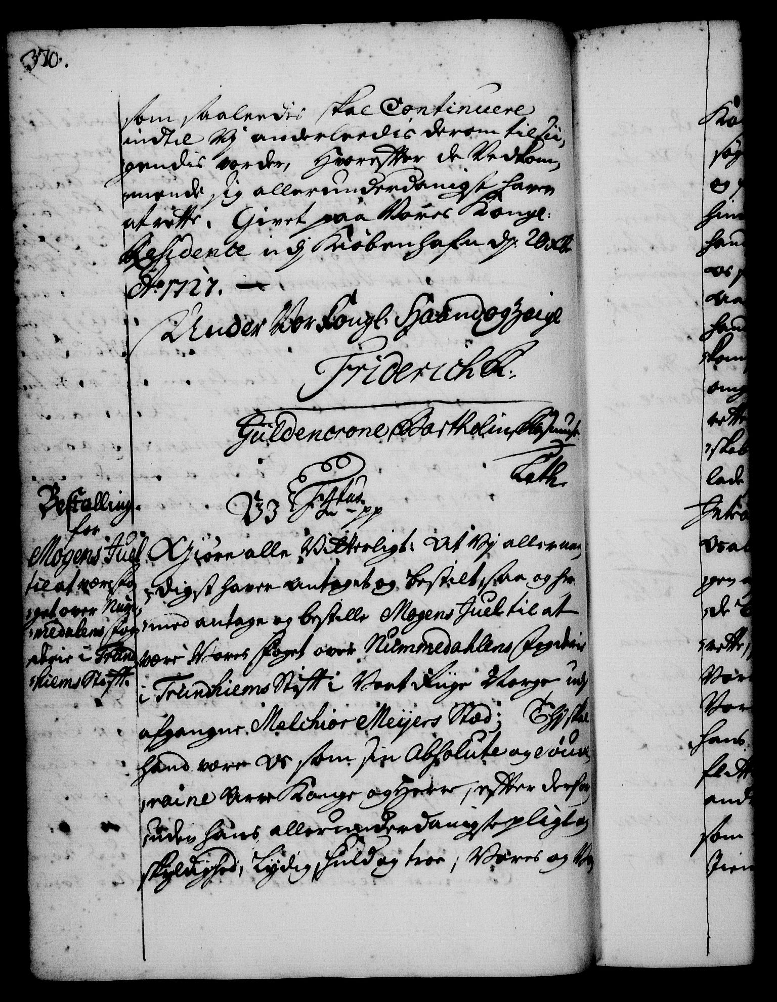 Rentekammeret, Kammerkanselliet, RA/EA-3111/G/Gg/Gge/L0001: Norsk bestallingsprotokoll med register (merket RK 53.25), 1720-1730, p. 370