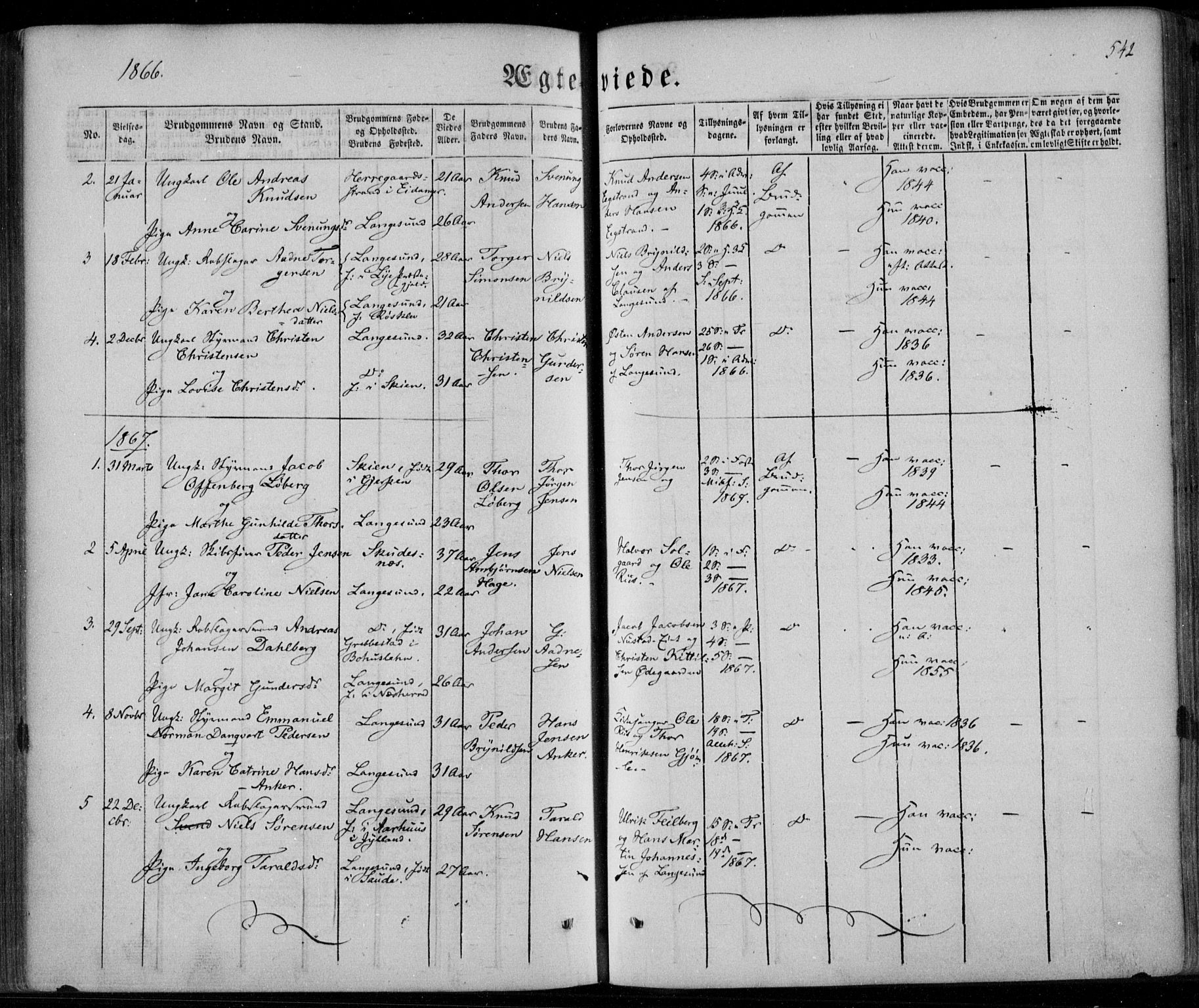 Bamble kirkebøker, SAKO/A-253/F/Fa/L0005: Parish register (official) no. I 5, 1854-1869, p. 542