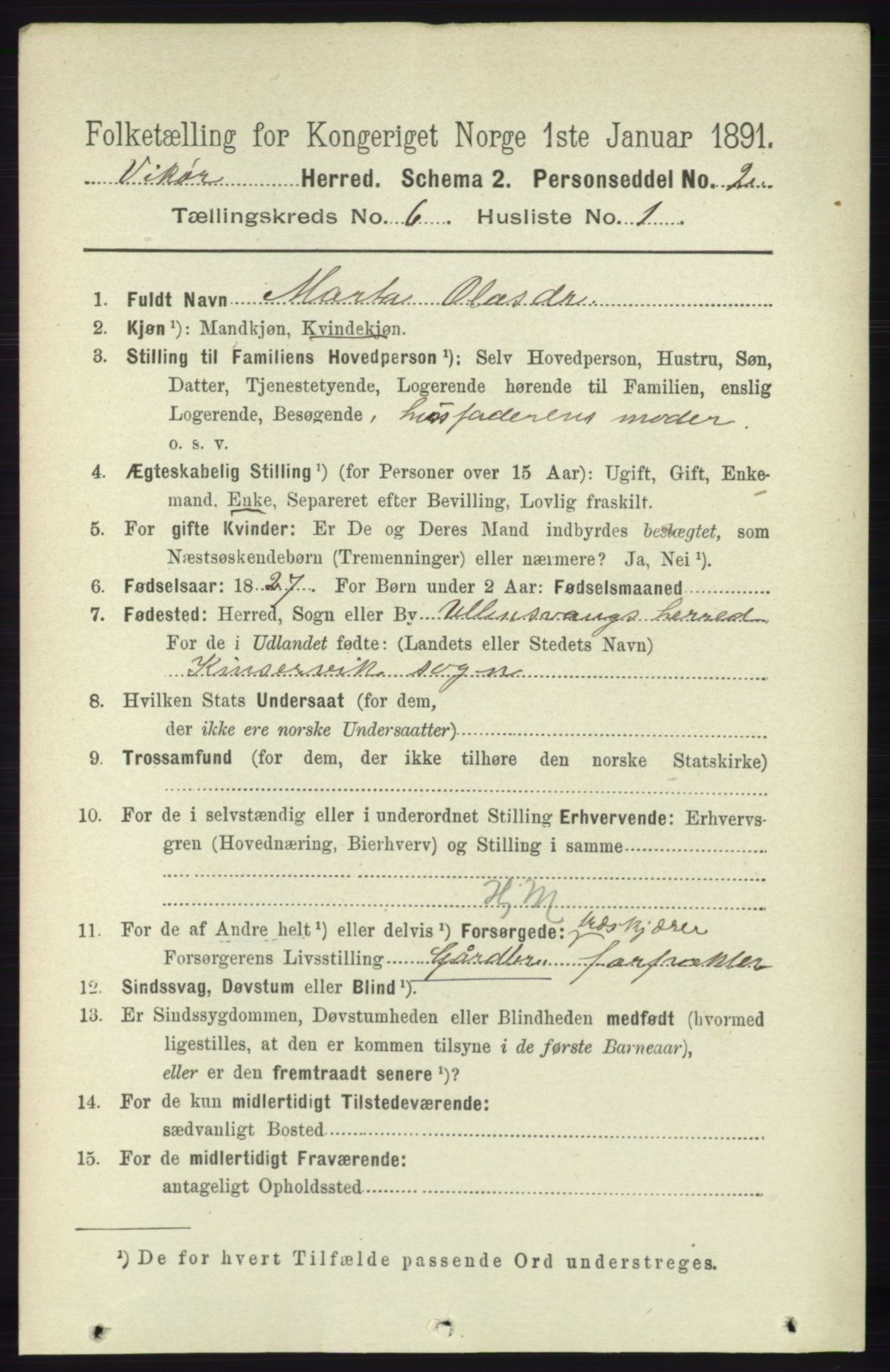 RA, 1891 census for 1238 Vikør, 1891, p. 1813