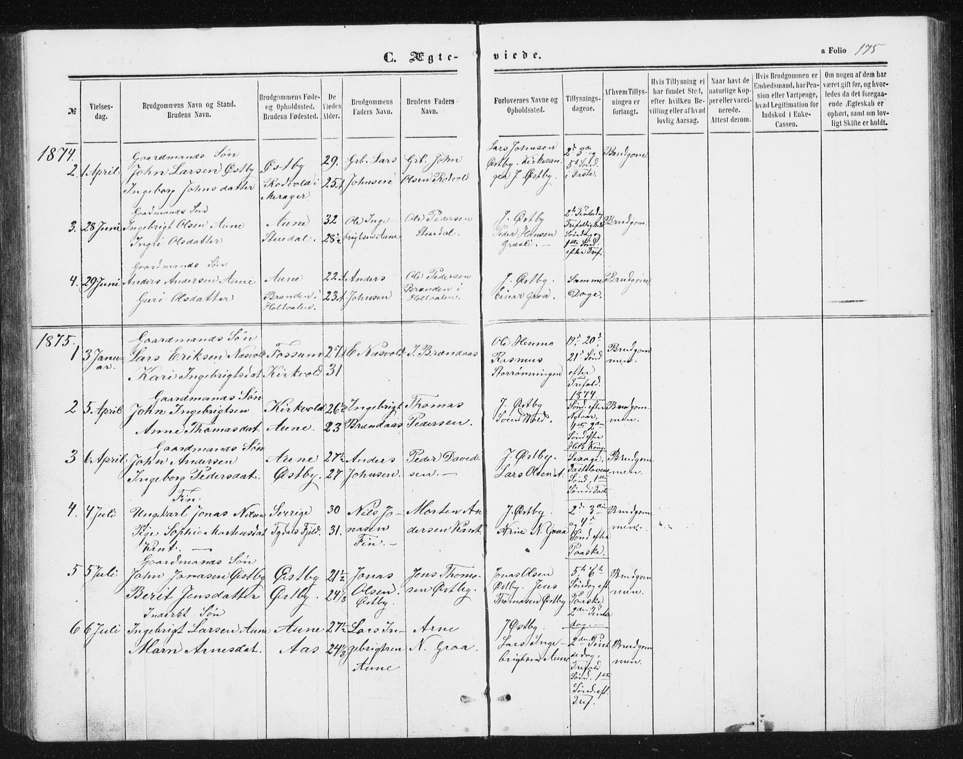 Ministerialprotokoller, klokkerbøker og fødselsregistre - Sør-Trøndelag, SAT/A-1456/698/L1166: Parish register (copy) no. 698C03, 1861-1887, p. 175