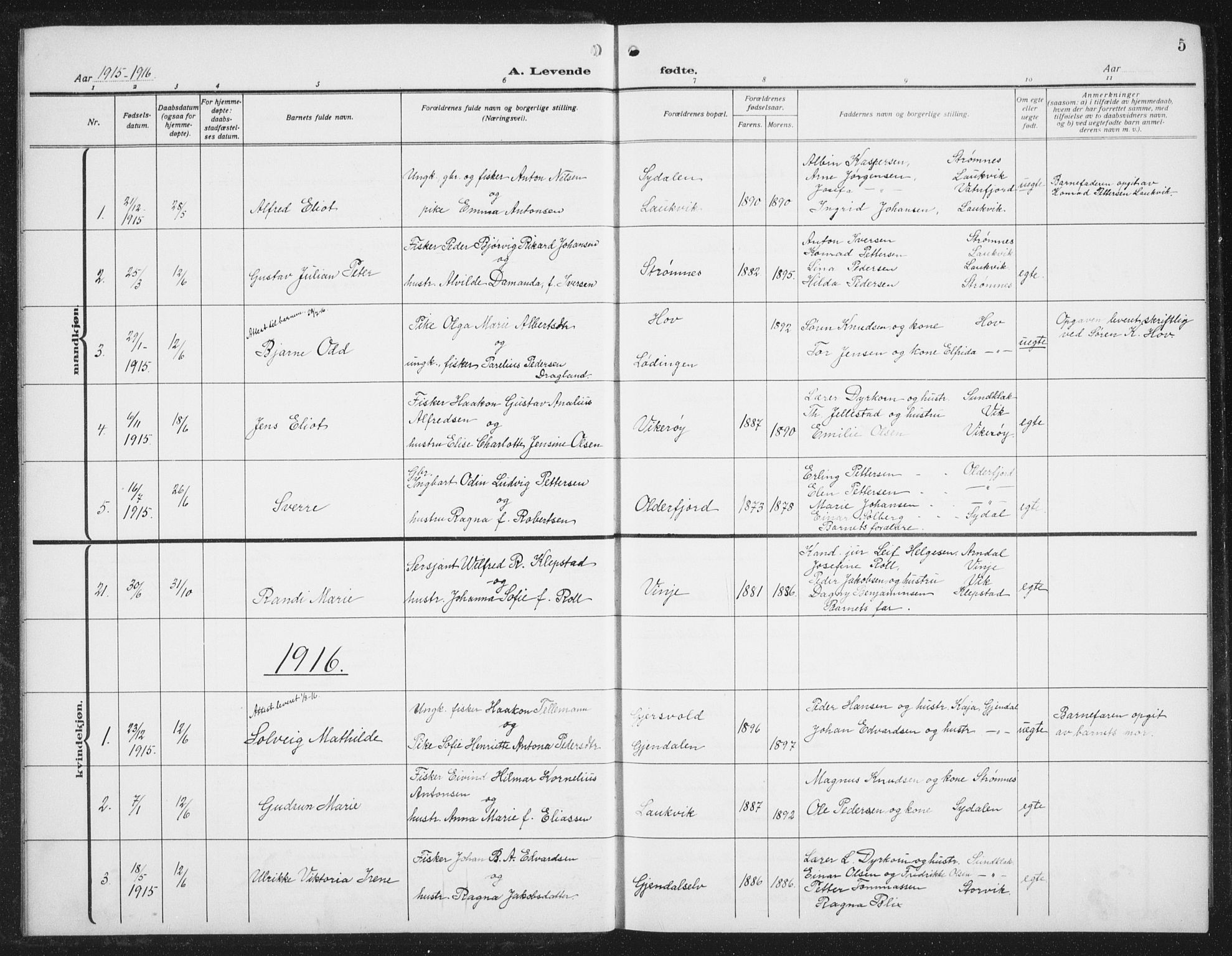 Ministerialprotokoller, klokkerbøker og fødselsregistre - Nordland, SAT/A-1459/876/L1106: Parish register (copy) no. 876C05, 1915-1942, p. 5