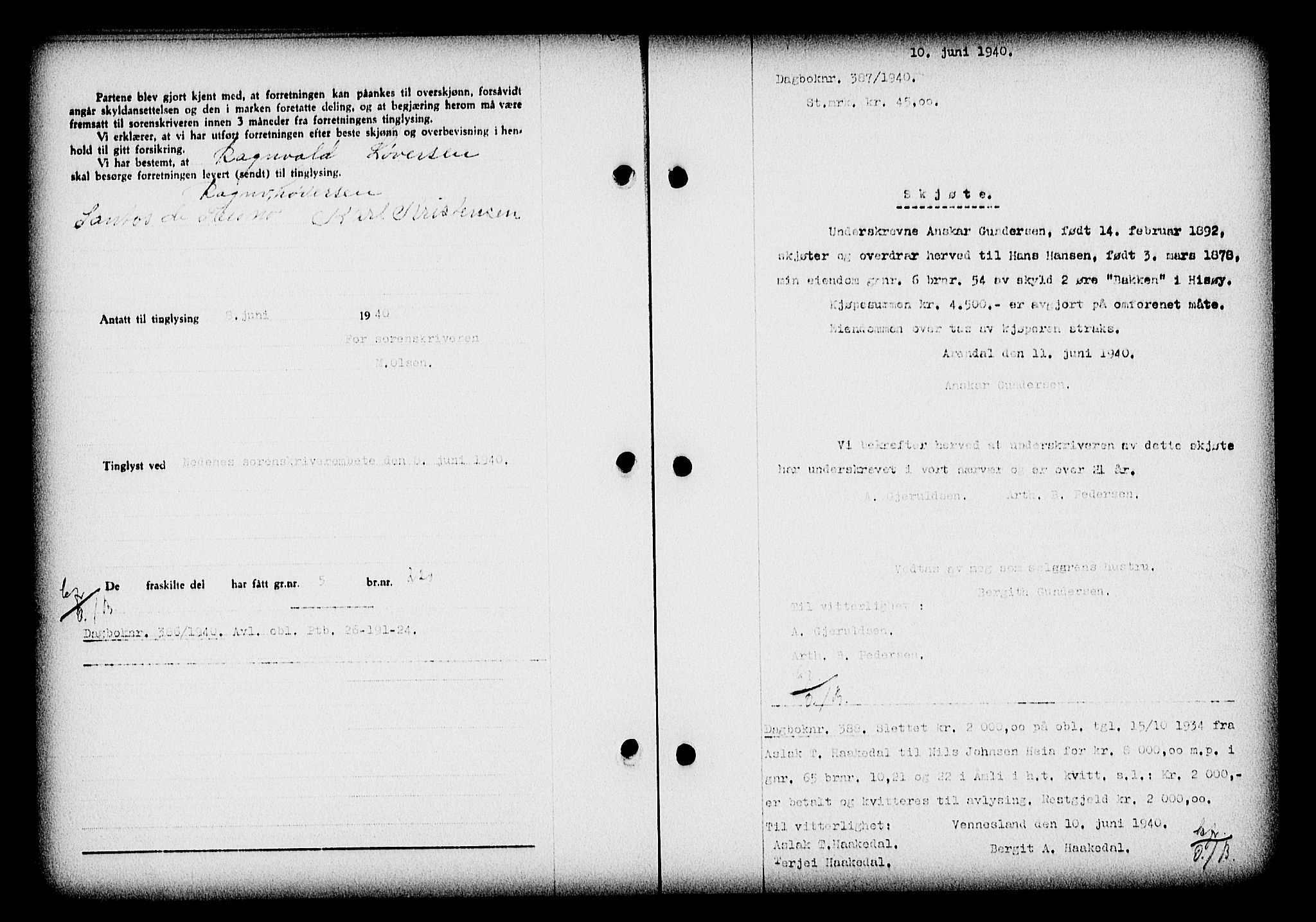 Nedenes sorenskriveri, SAK/1221-0006/G/Gb/Gba/L0047: Mortgage book no. A-I, 1939-1940, Diary no: : 387/1940