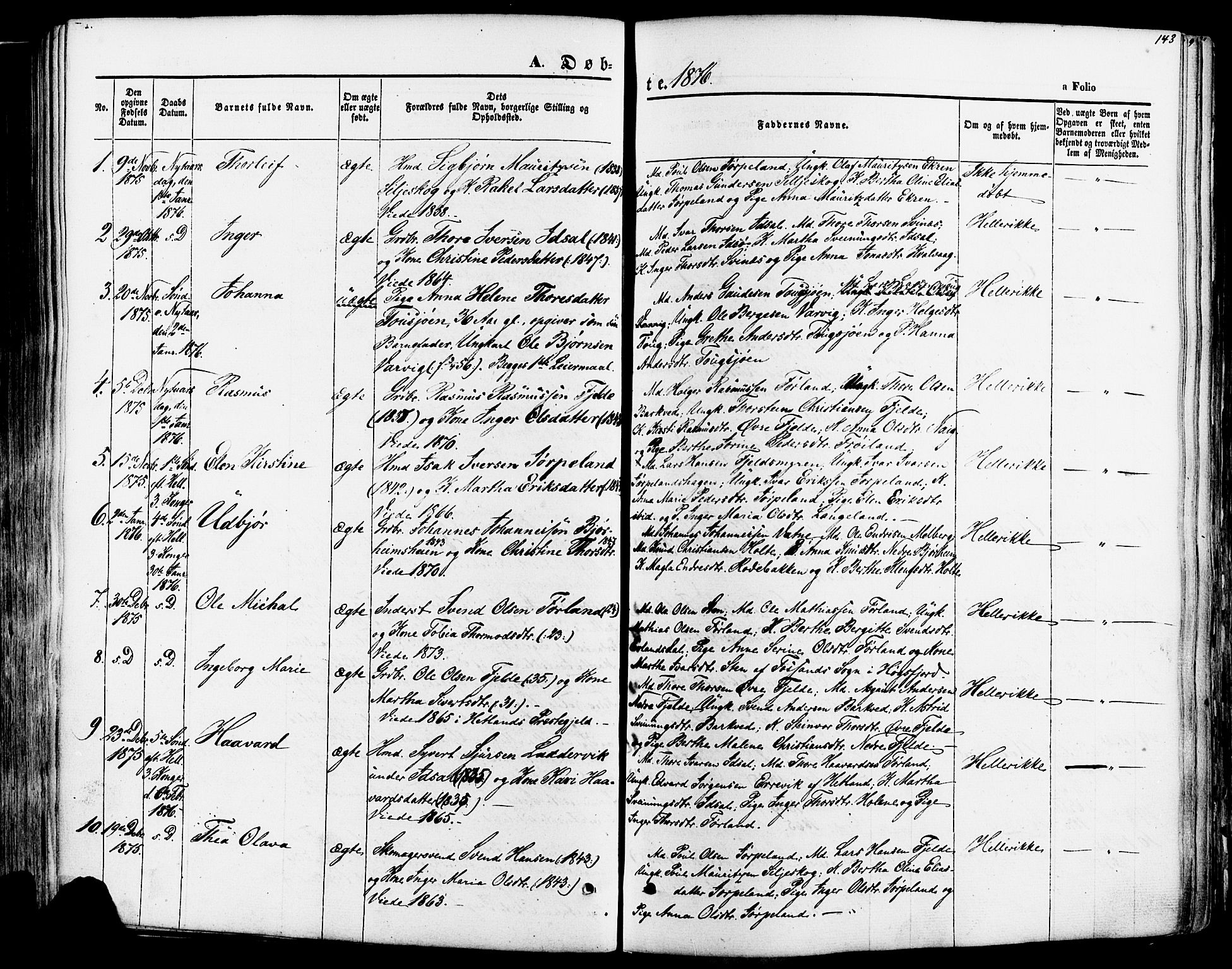 Strand sokneprestkontor, SAST/A-101828/H/Ha/Haa/L0007: Parish register (official) no. A 7, 1855-1881, p. 143
