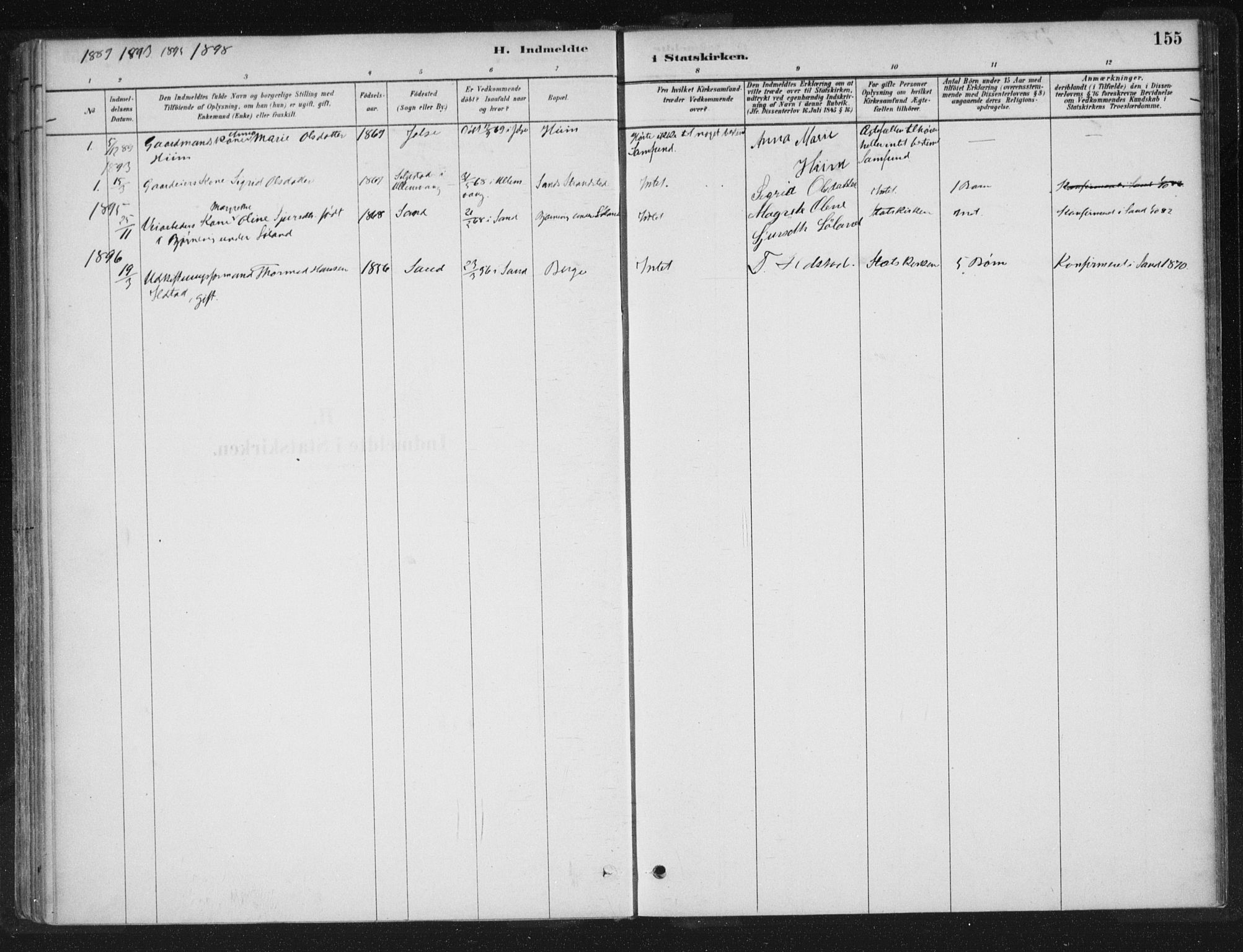 Sand sokneprestkontor, AV/SAST-A-101848/01/III/L0005: Parish register (official) no. A 5, 1880-1898, p. 155