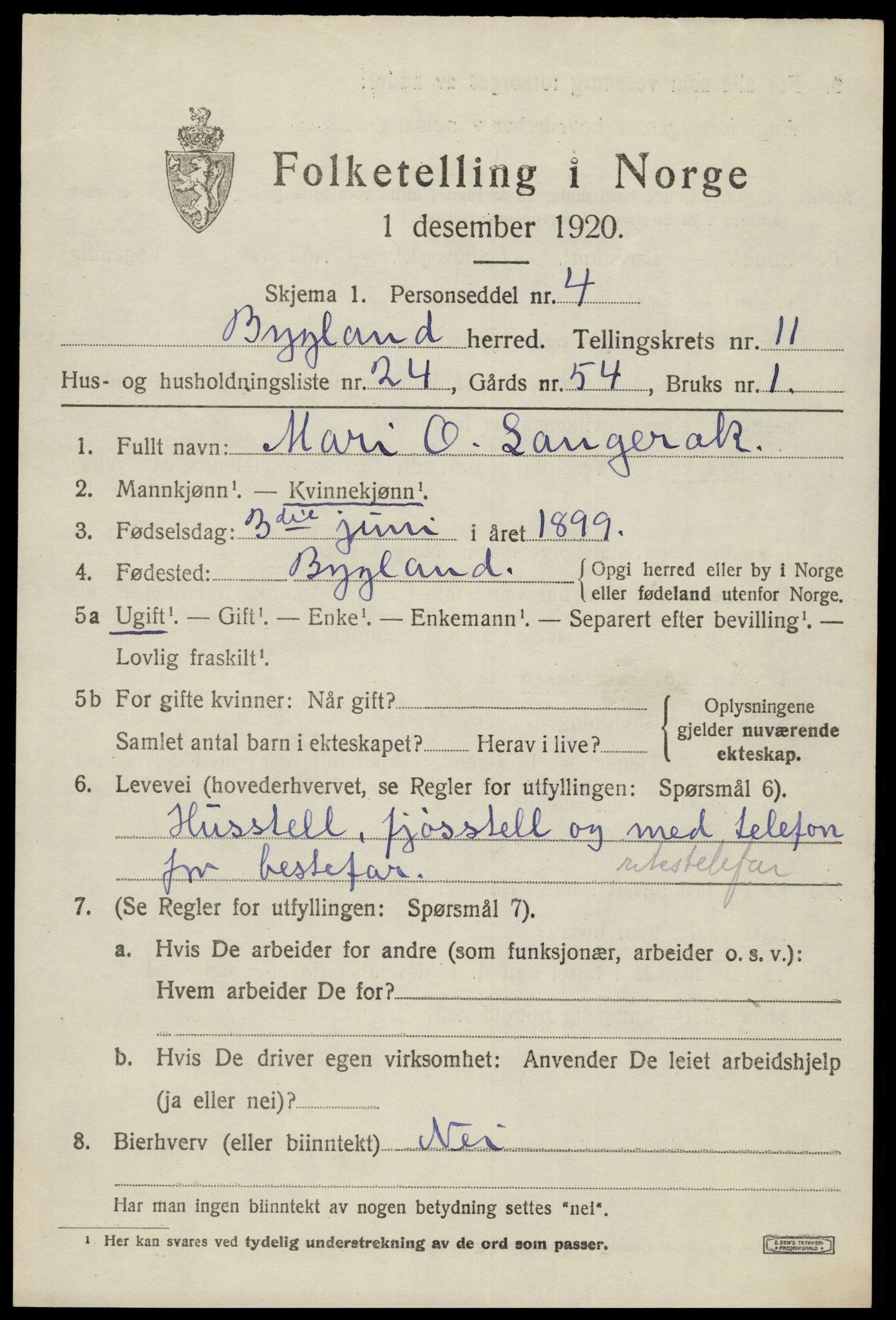 SAK, 1920 census for Bygland, 1920, p. 4459