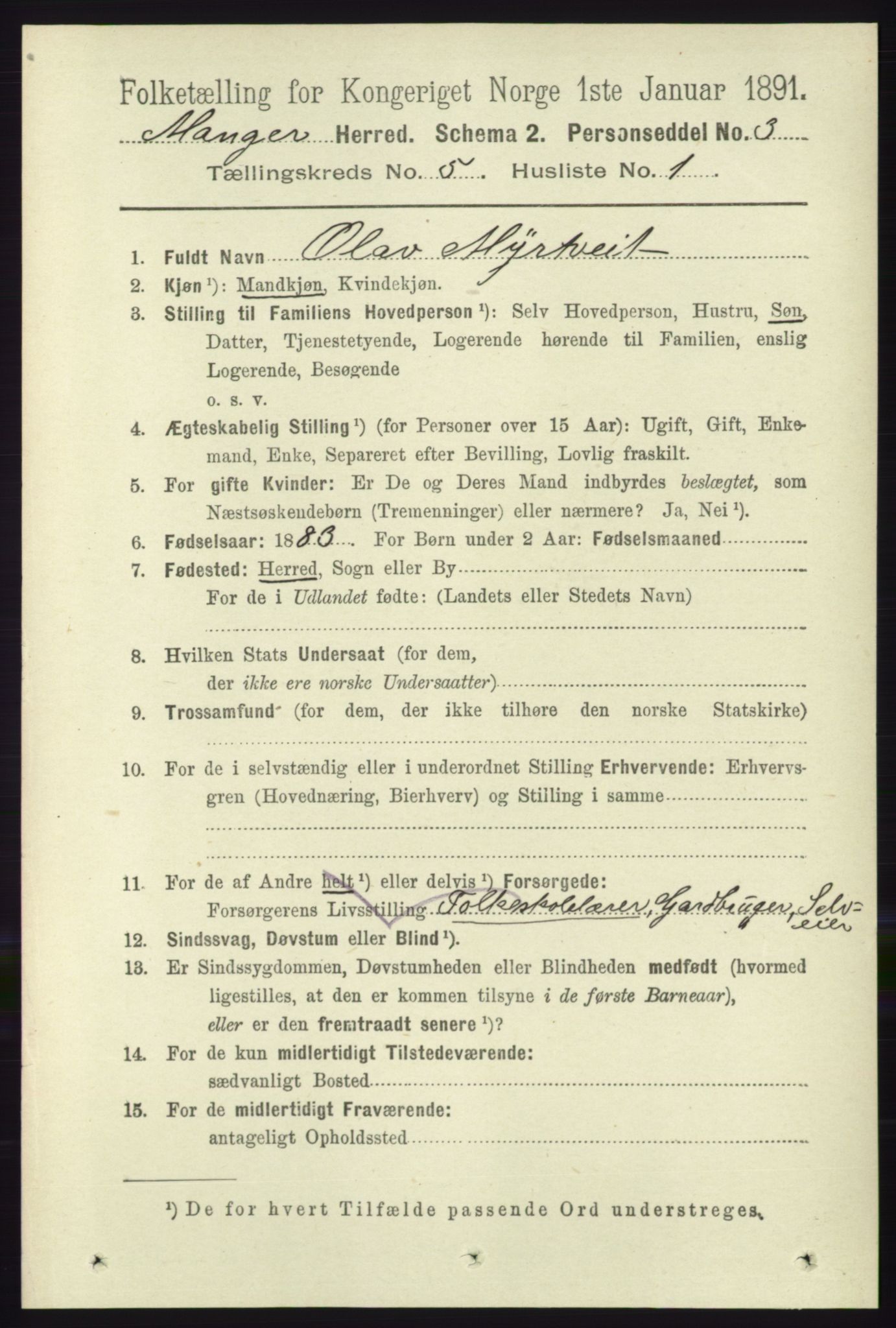 RA, 1891 census for 1261 Manger, 1891, p. 2650