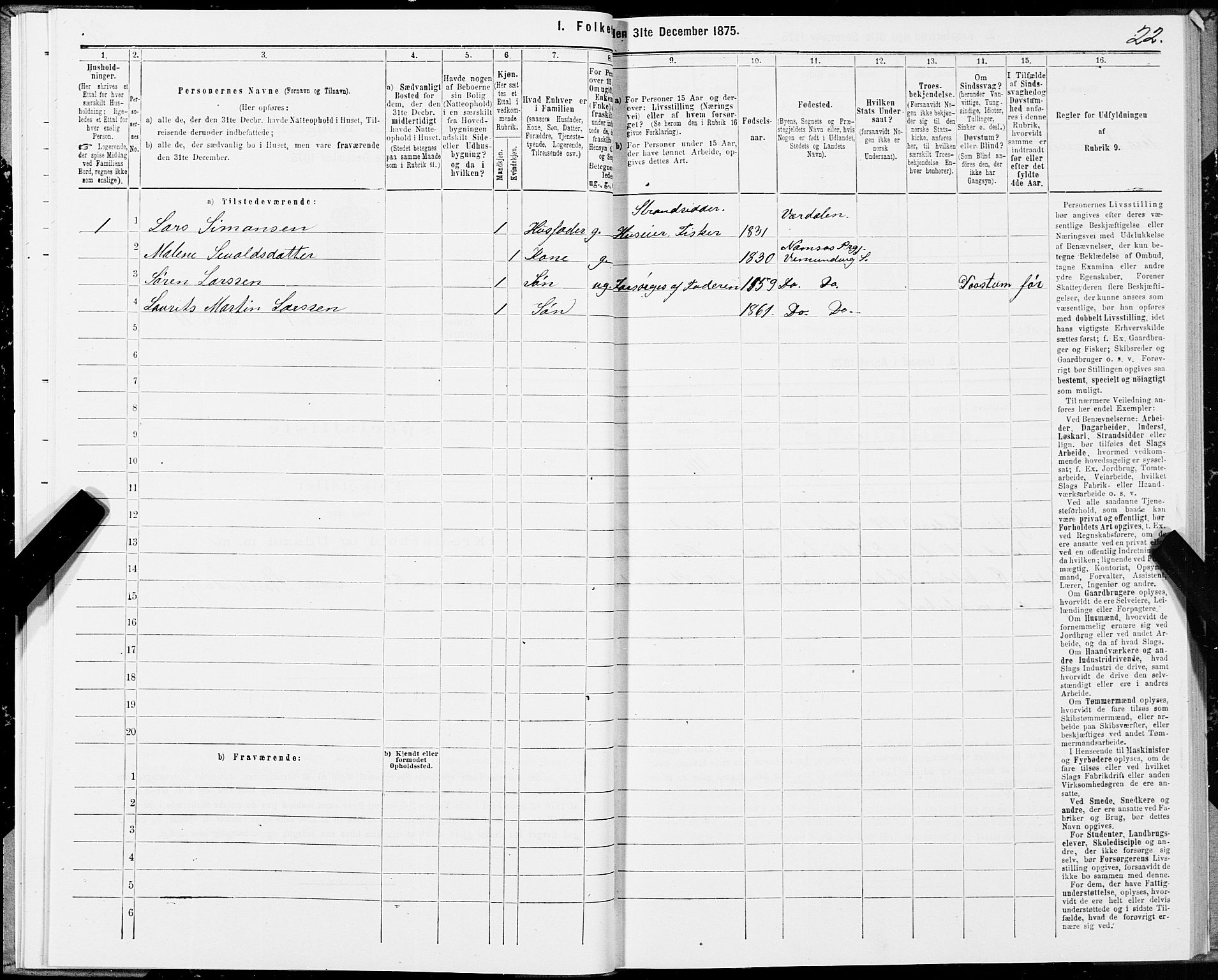SAT, 1875 census for 1745L Namsos/Vemundvik og Sævik, 1875, p. 1022