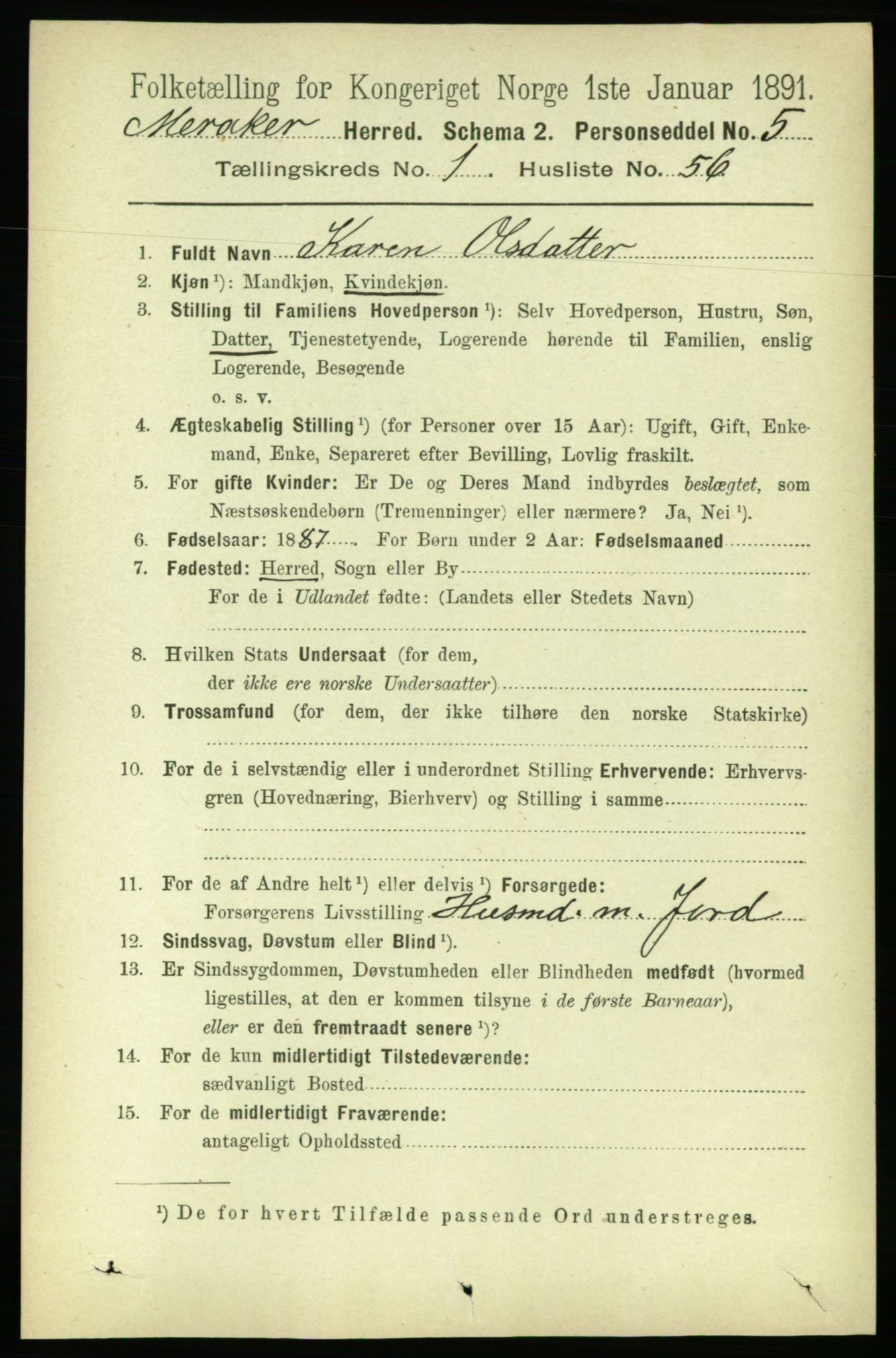 RA, 1891 census for 1711 Meråker, 1891, p. 501