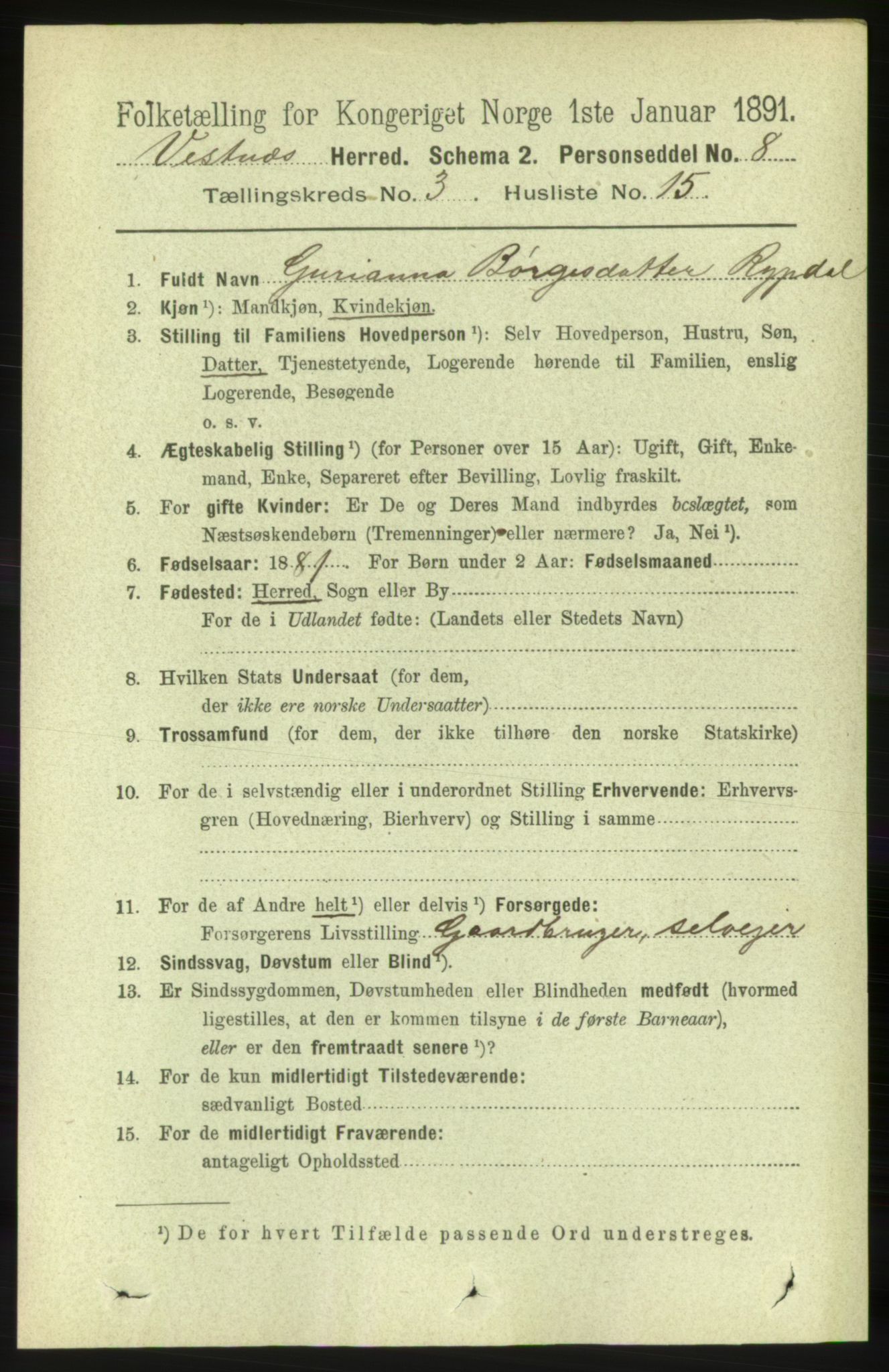 RA, 1891 census for 1535 Vestnes, 1891, p. 957