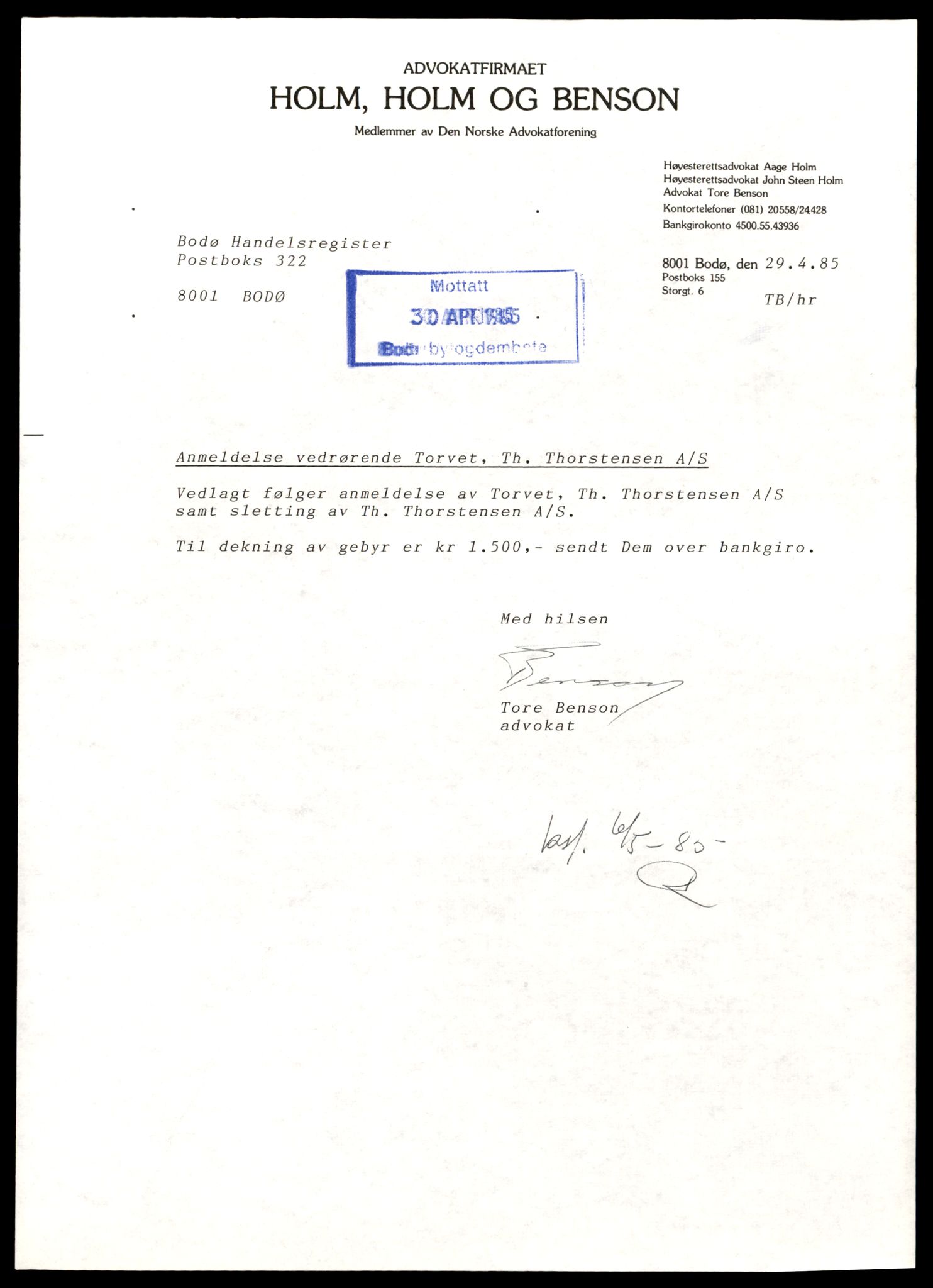 Bodø sorenskriveri, AV/SAT-A-0022/3/J/Jd/Jda/L0045: Bilag, 1985, p. 3