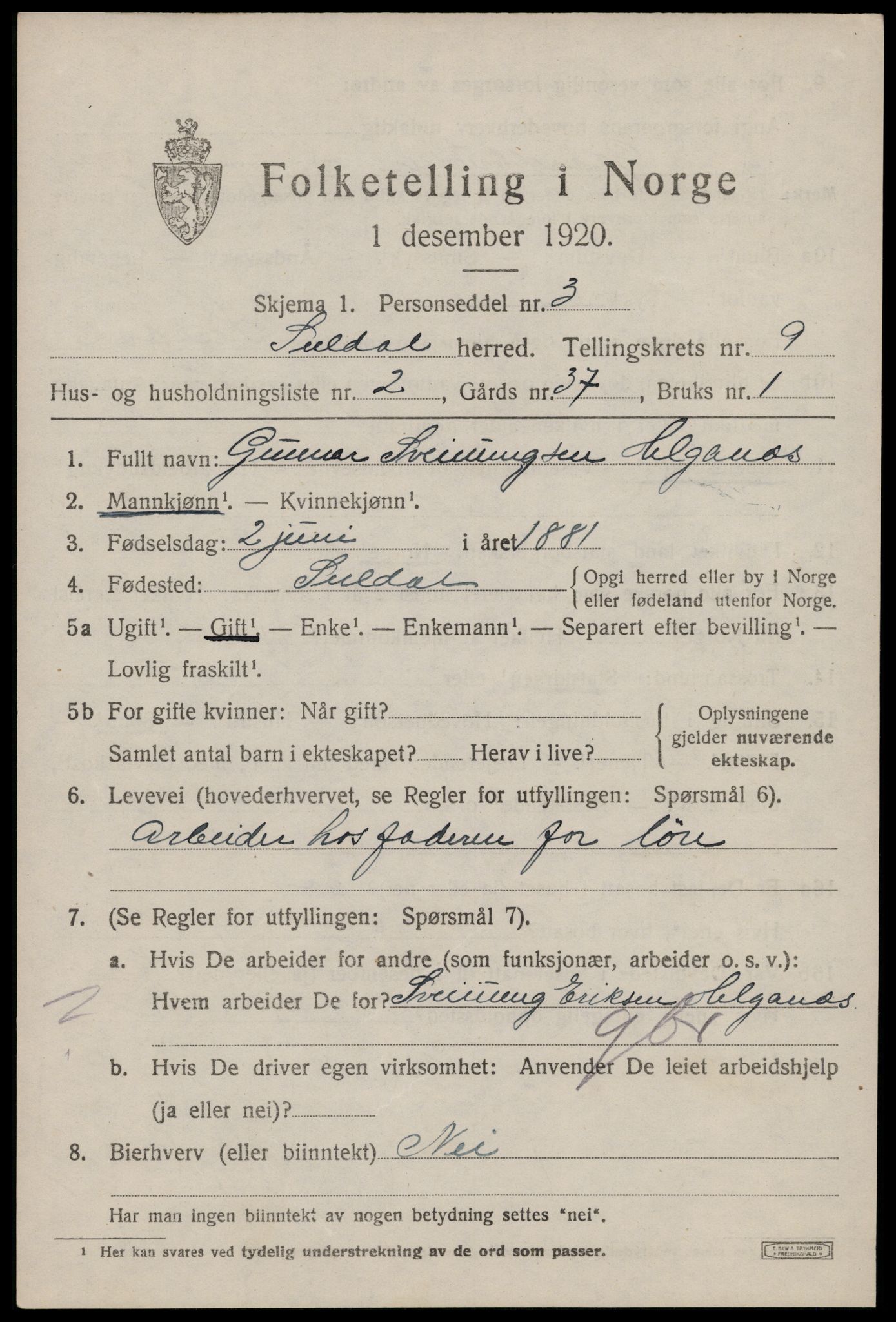 SAST, 1920 census for Suldal, 1920, p. 2158