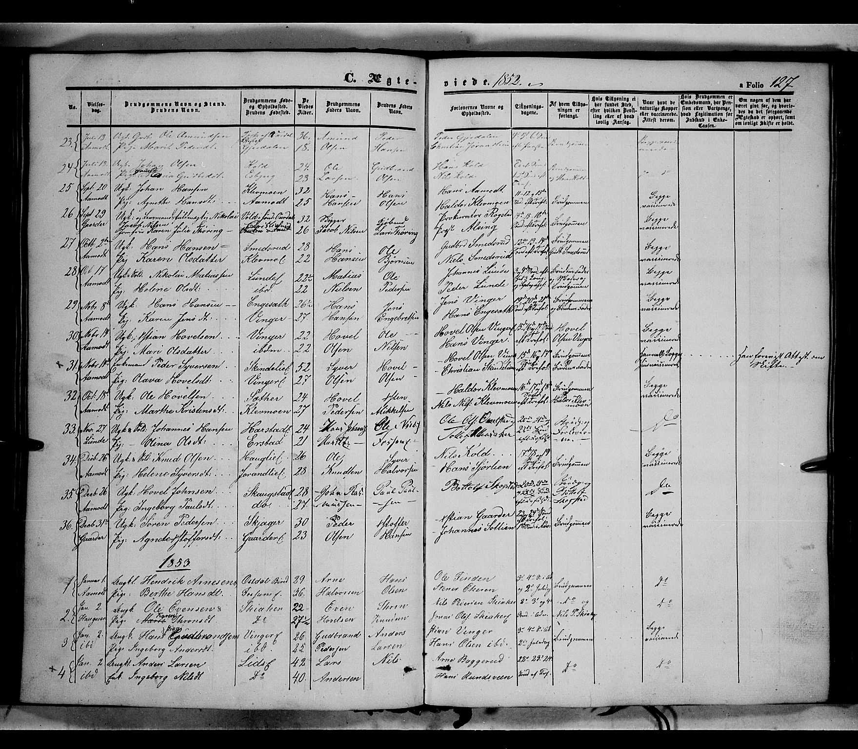 Land prestekontor, SAH/PREST-120/H/Ha/Haa/L0010: Parish register (official) no. 10, 1847-1859, p. 127
